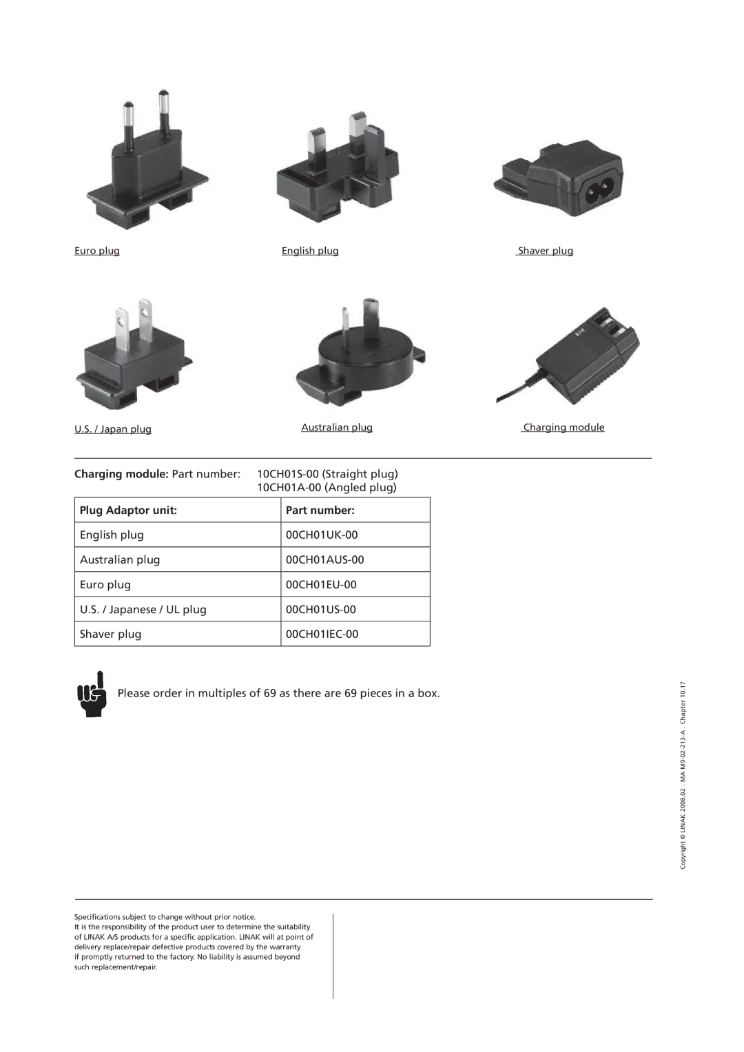 Linak 10CH01S-00, 00CH01UK-00, 00CH01EU-00, 00CH01AUS-00 manual Charging module Part number, Plug Adaptor unit Part number 