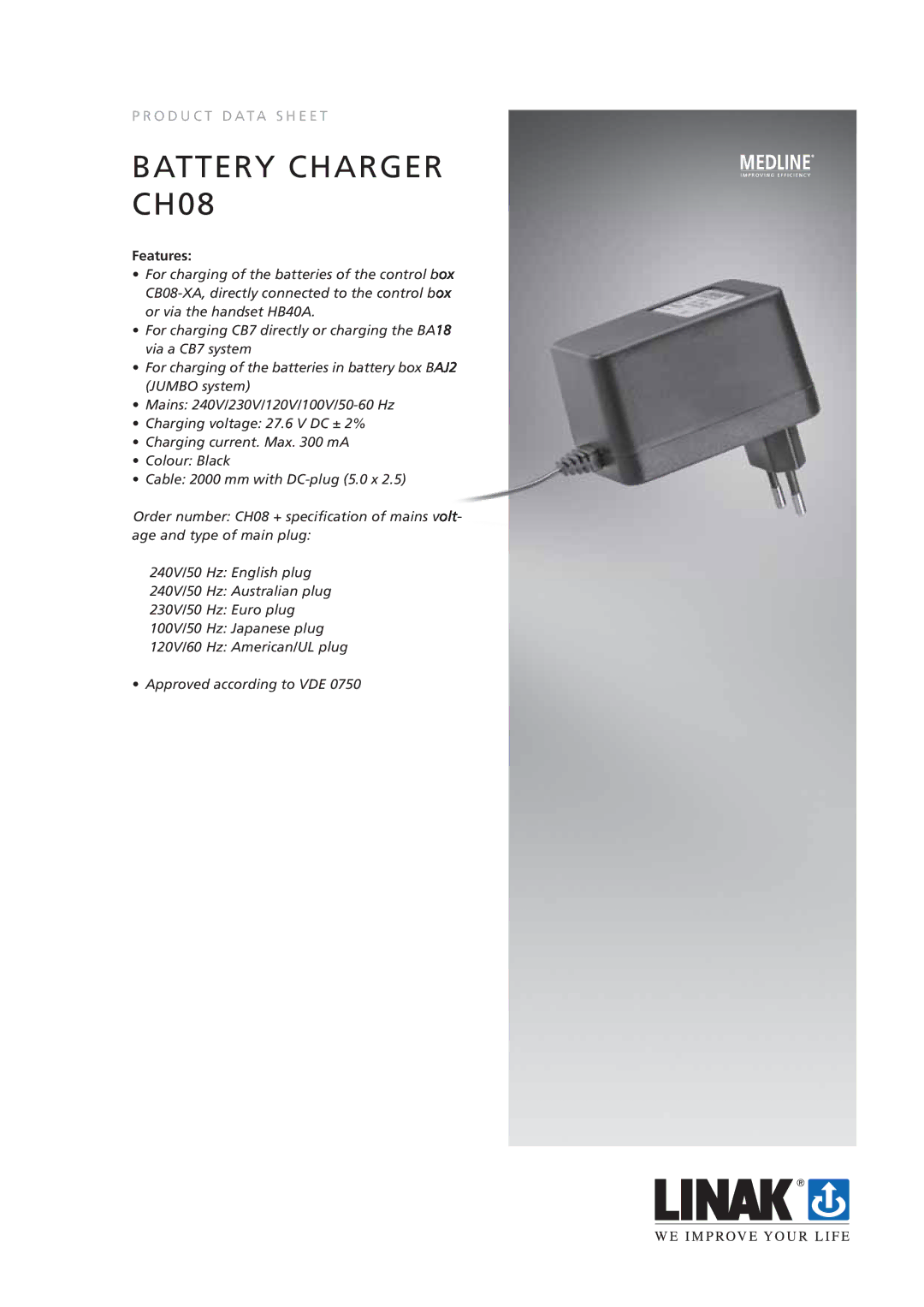 Linak CB08-XA manual Battery Charger CH08, Features 