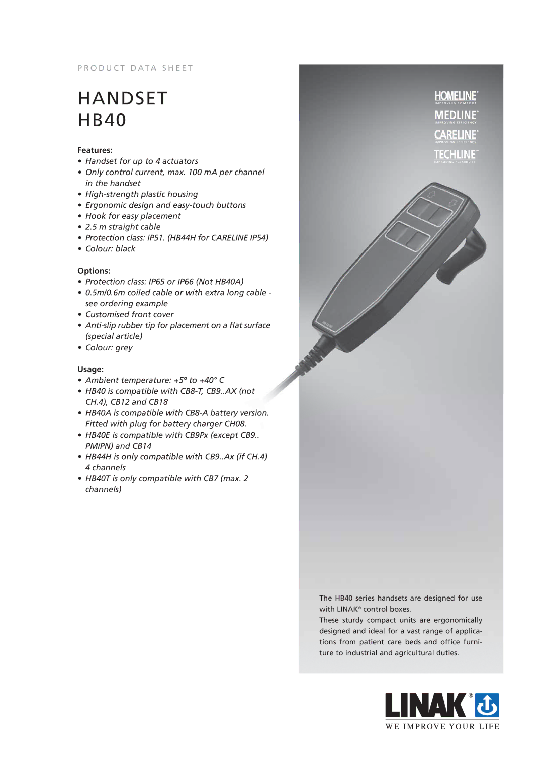 Linak HB40 manual Features, Options, Usage 