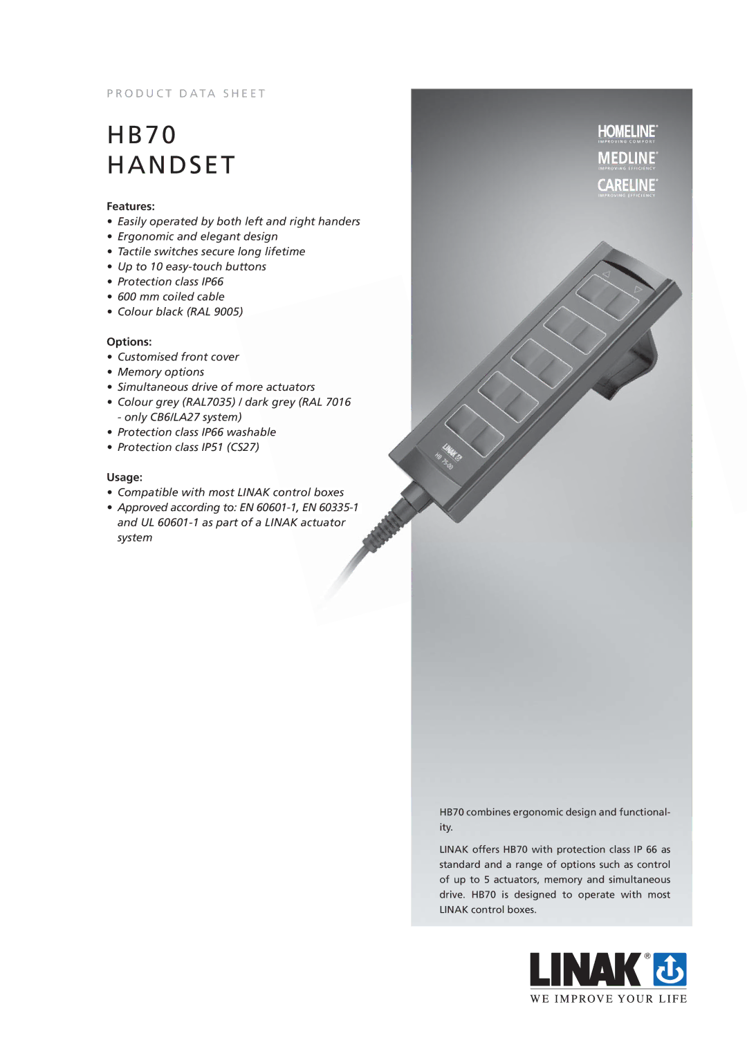 Linak HB70 manual Features, Options, Usage 