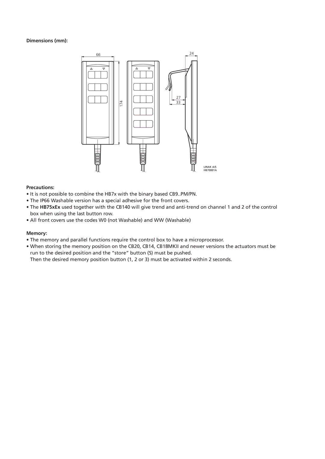 Linak HB70 manual Dimensions mm Precautions, Memory 