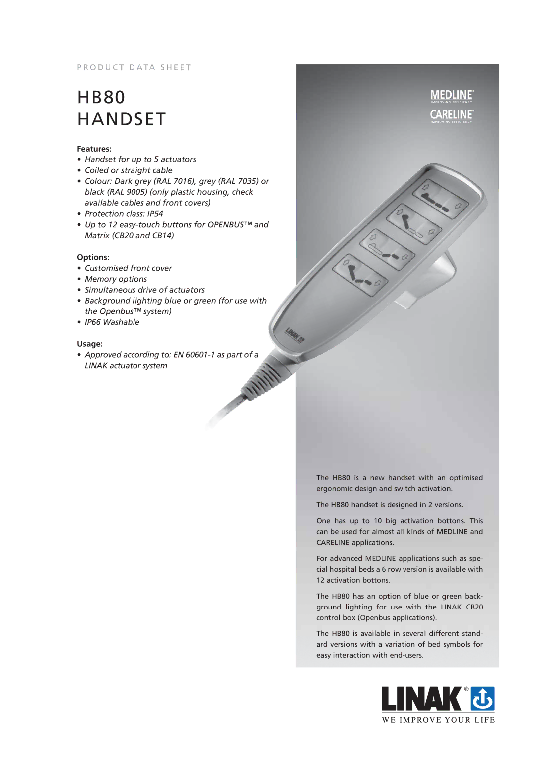 Linak HB80, HB85, CB20, CB14, HB81, HB86, IP54 manual Features, Options, Usage 