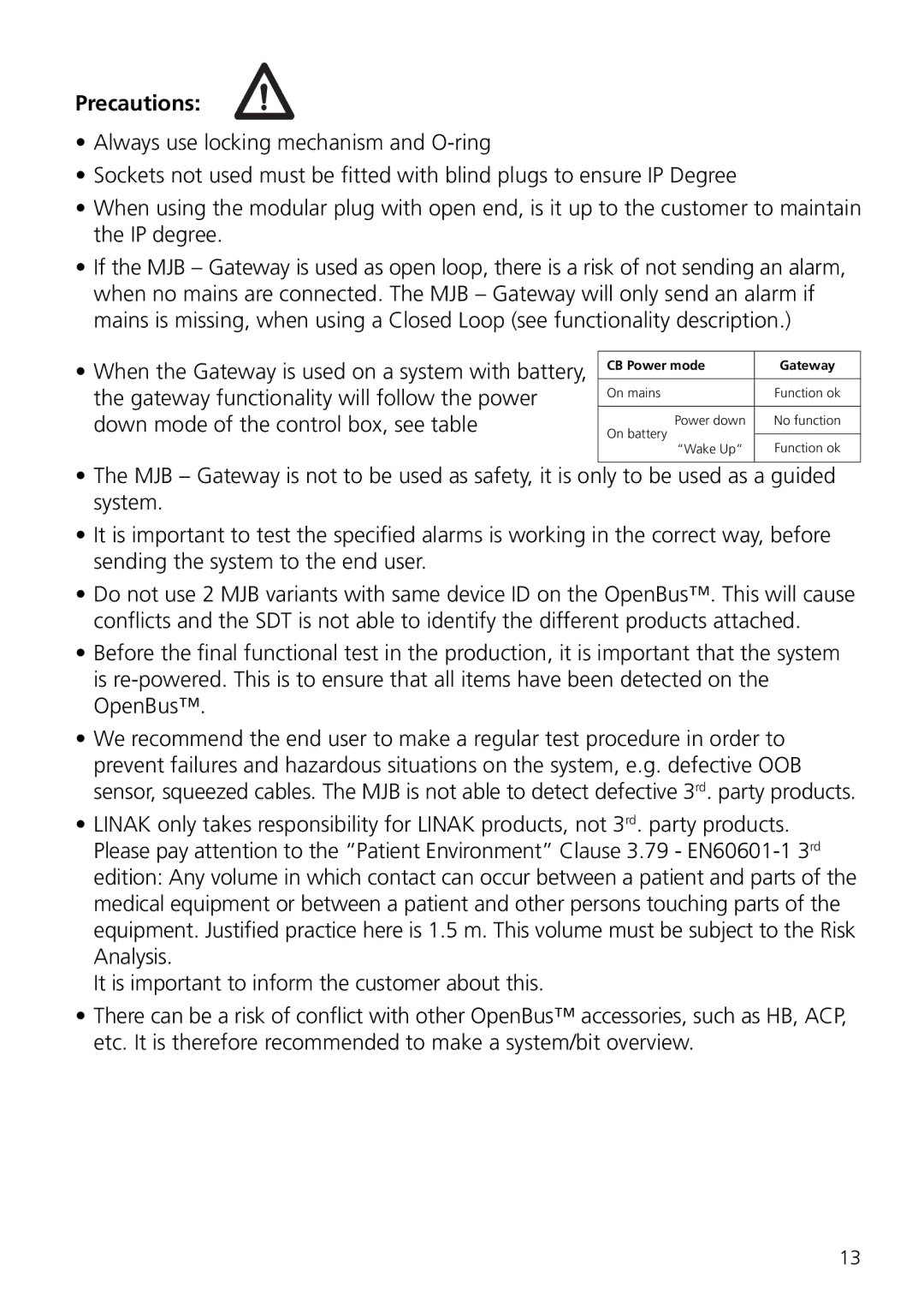 Linak MJB user manual Precautions 