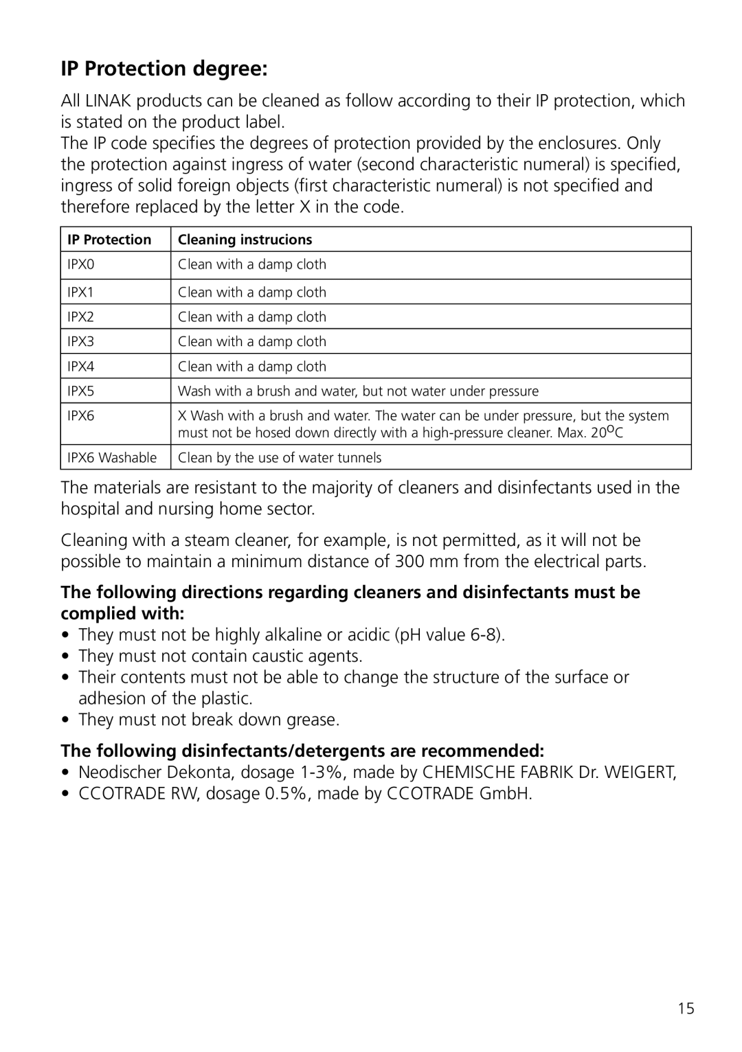 Linak MJB IP Protection degree, Following disinfectants/detergents are recommended, IP Protection Cleaning instrucions 