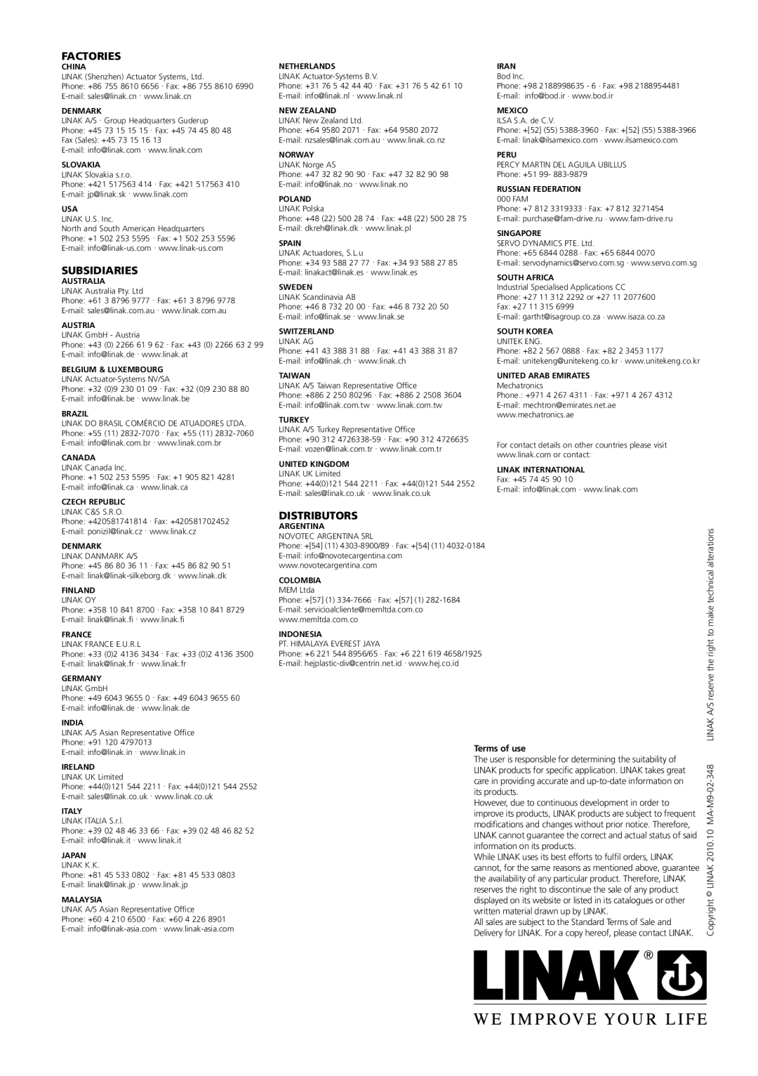 Linak MJB user manual Factories 