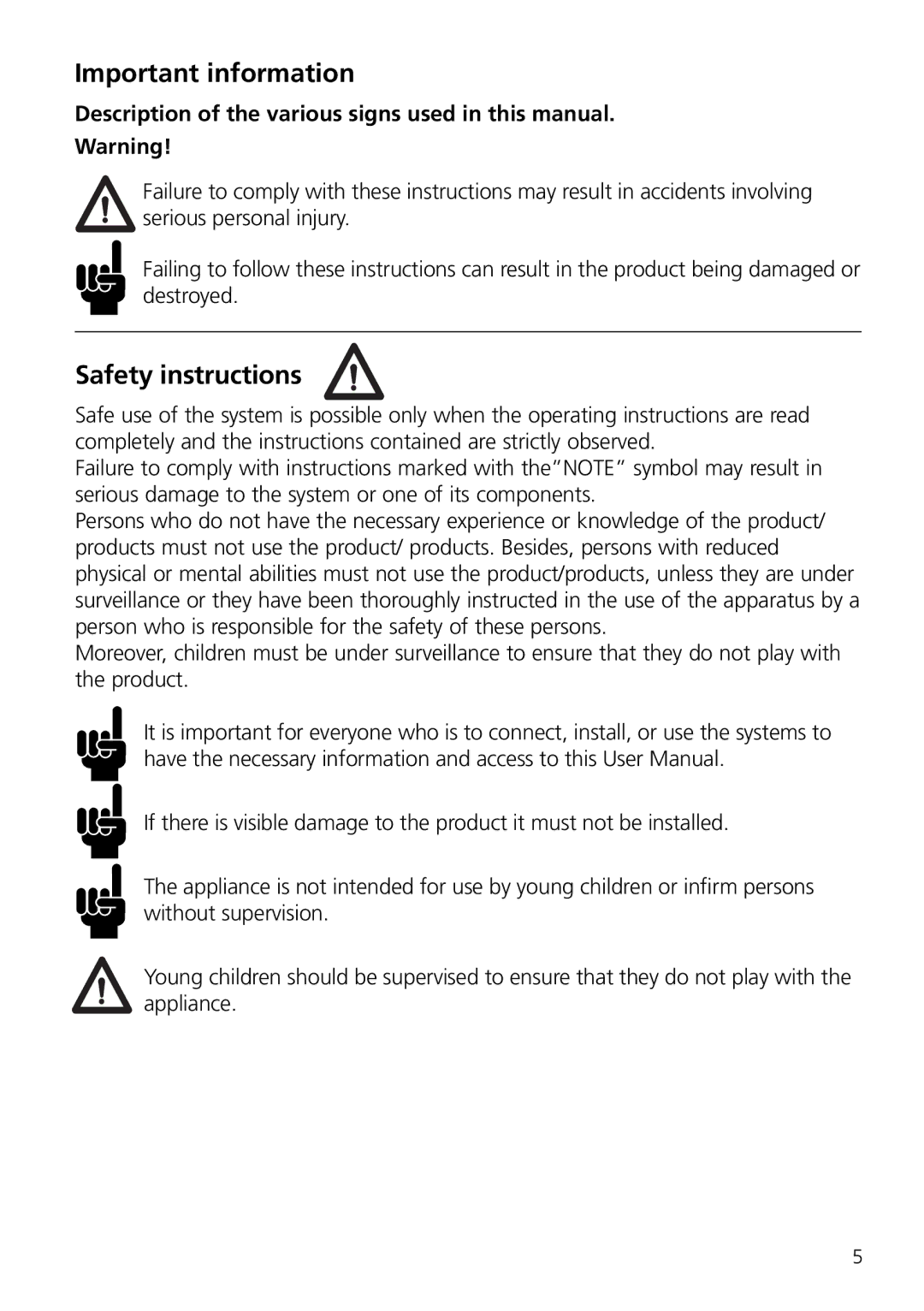 Linak MJB user manual Important information, Safety instructions, Description of the various signs used in this manual 