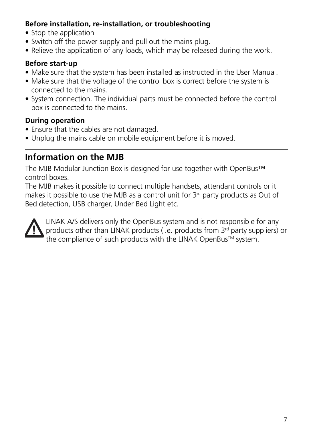 Linak user manual Information on the MJB, Before installation, re-installation, or troubleshooting, Before start-up 