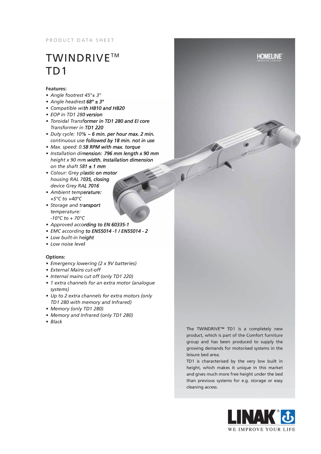 Linak TD1 manual Features, Options 