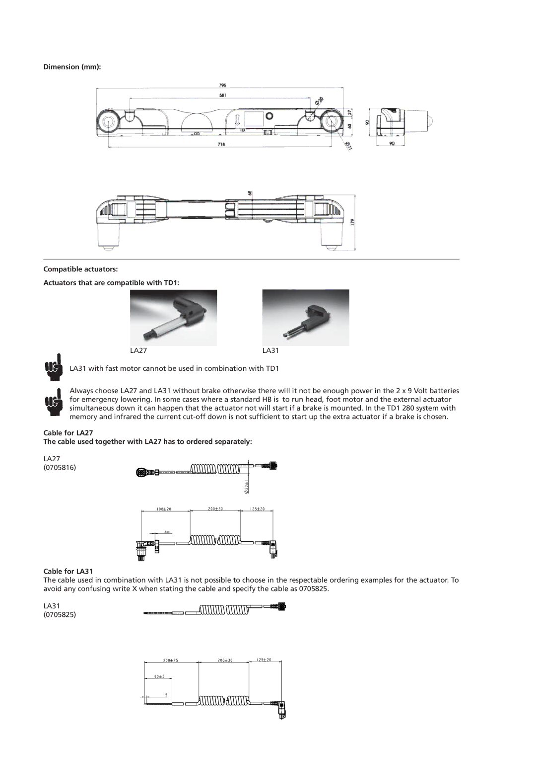 Linak TD1 manual Cable for LA31 