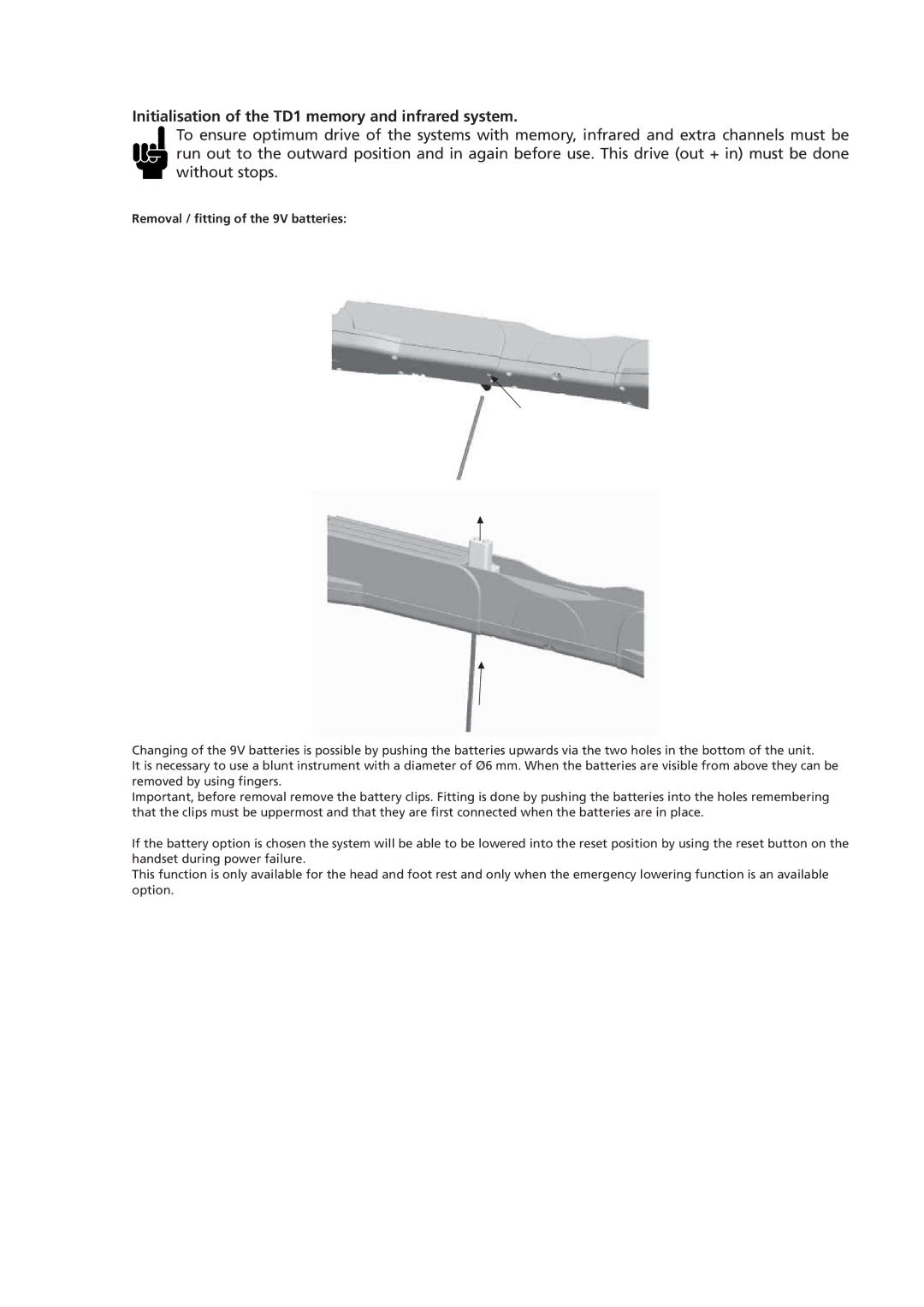 Linak manual Initialisation of the TD1 memory and infrared system, Removal / ﬁtting of the 9V batteries 