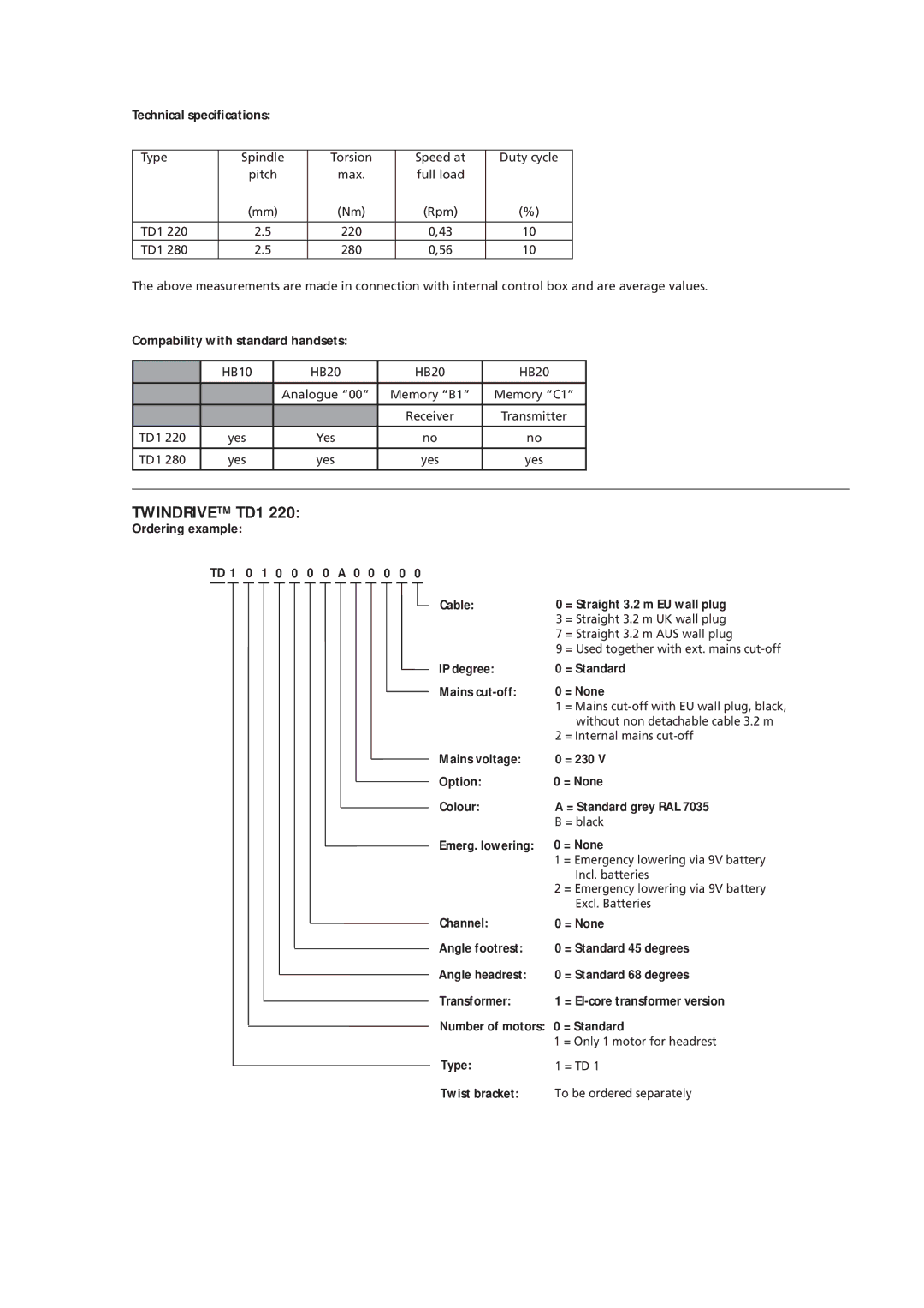 Linak TD1 Technical speciﬁcations, Compability with standard handsets, Ordering example TD 1 0 1 0 0 0 0 a 0 0 0 0 Cable 