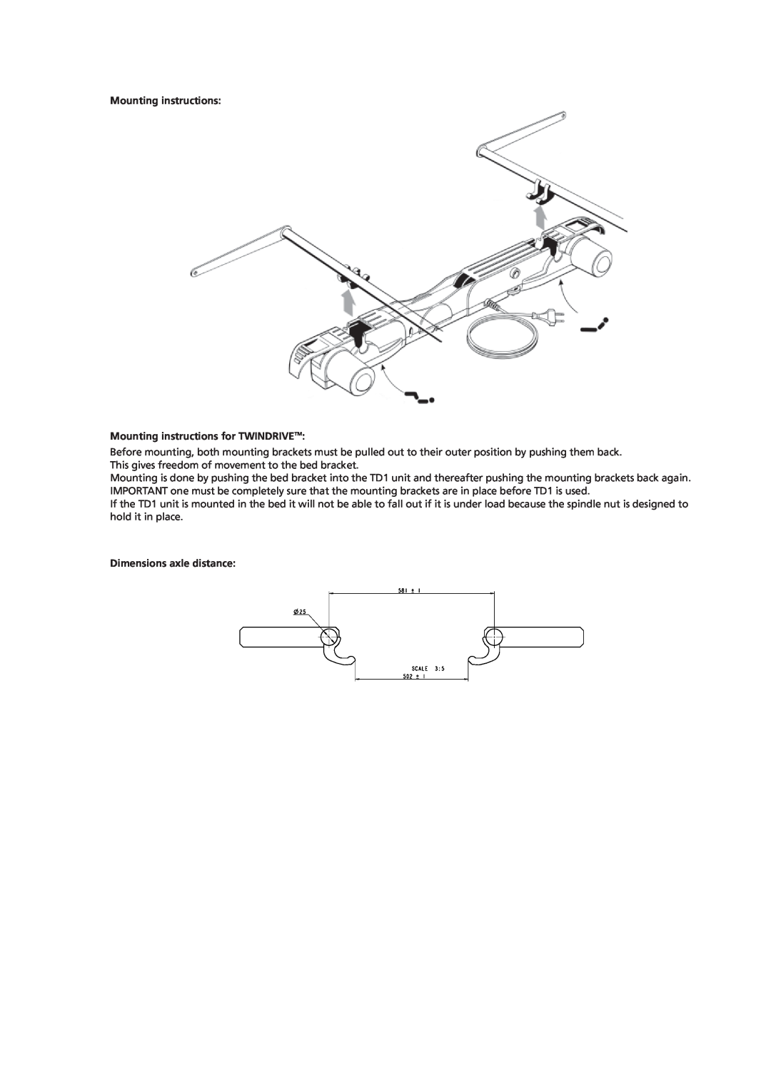 Linak TD1 manual Mounting instructions for TWINDRIVETM, Dimensions axle distance 
