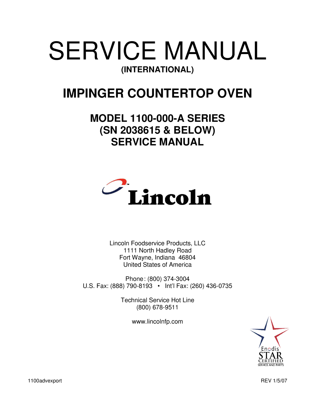 Lincoln 1100-000-A SERIES (SN 2038615 & BELOW) service manual Impinger Countertop Oven 