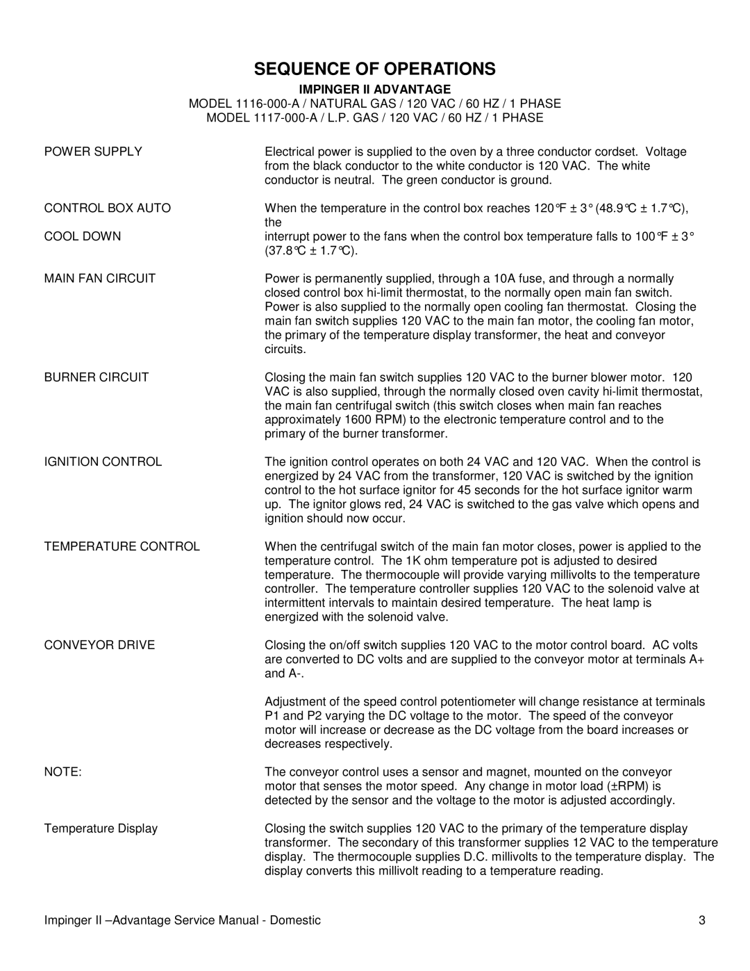 Lincoln 1117-000-A, 1100ADVSVC service manual Sequence of Operations, Impinger II Advantage 