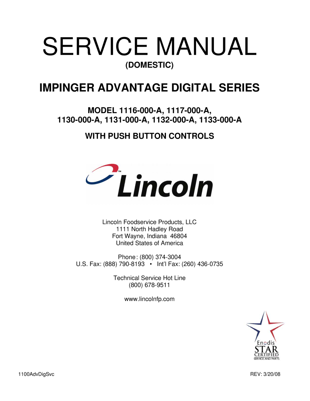 Lincoln 116-000-A, 1133-000-A, 1131-000-A, 1130-000-A, 1132-000-A, 1117-000-A service manual Impinger Advantage Digital Series 