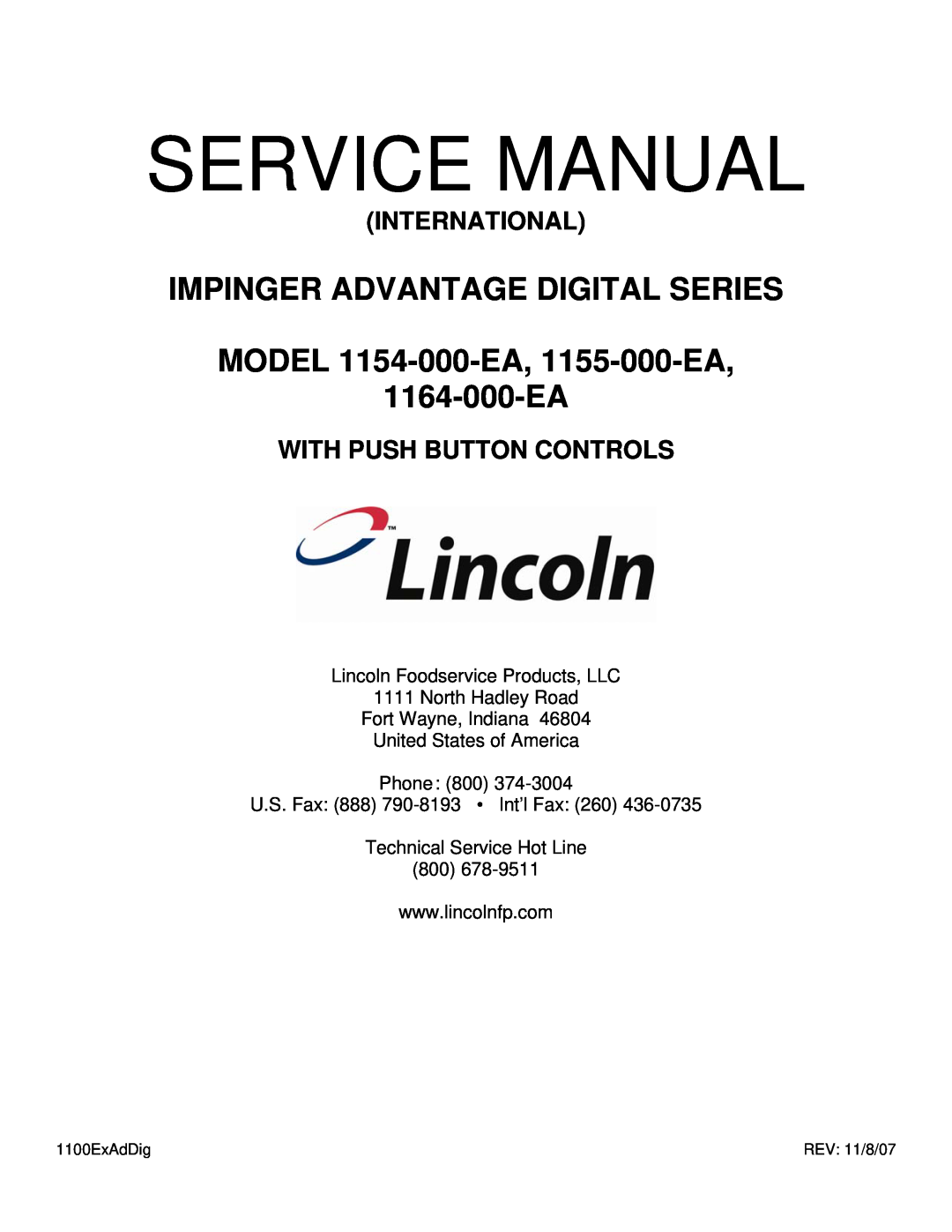 Lincoln 1164-000-EA service manual Lincoln Foodservice Products, LLC, North Hadley Road Fort Wayne, Indiana, 1100ExAdDig 