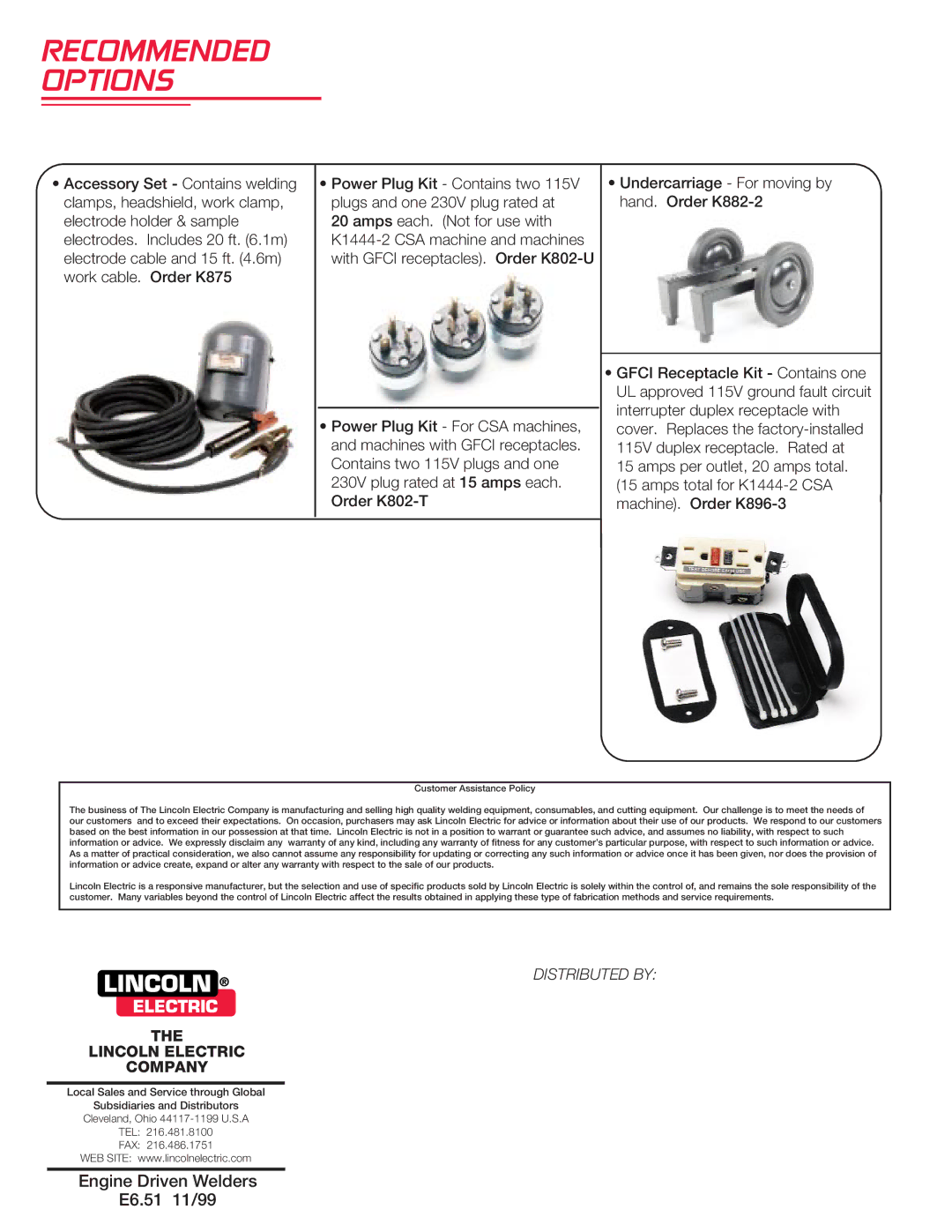 Lincoln 125 manual Recommended Options, Lincoln Electric Company 