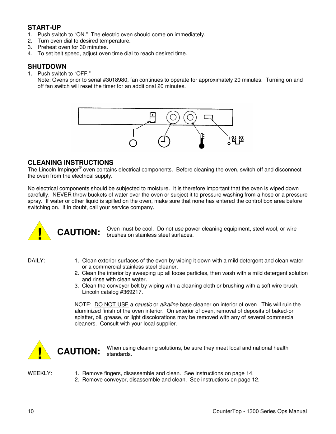 Lincoln 1300 Series operating instructions Start-Up, Shutdown, Cleaning Instructions, Daily, Weekly 