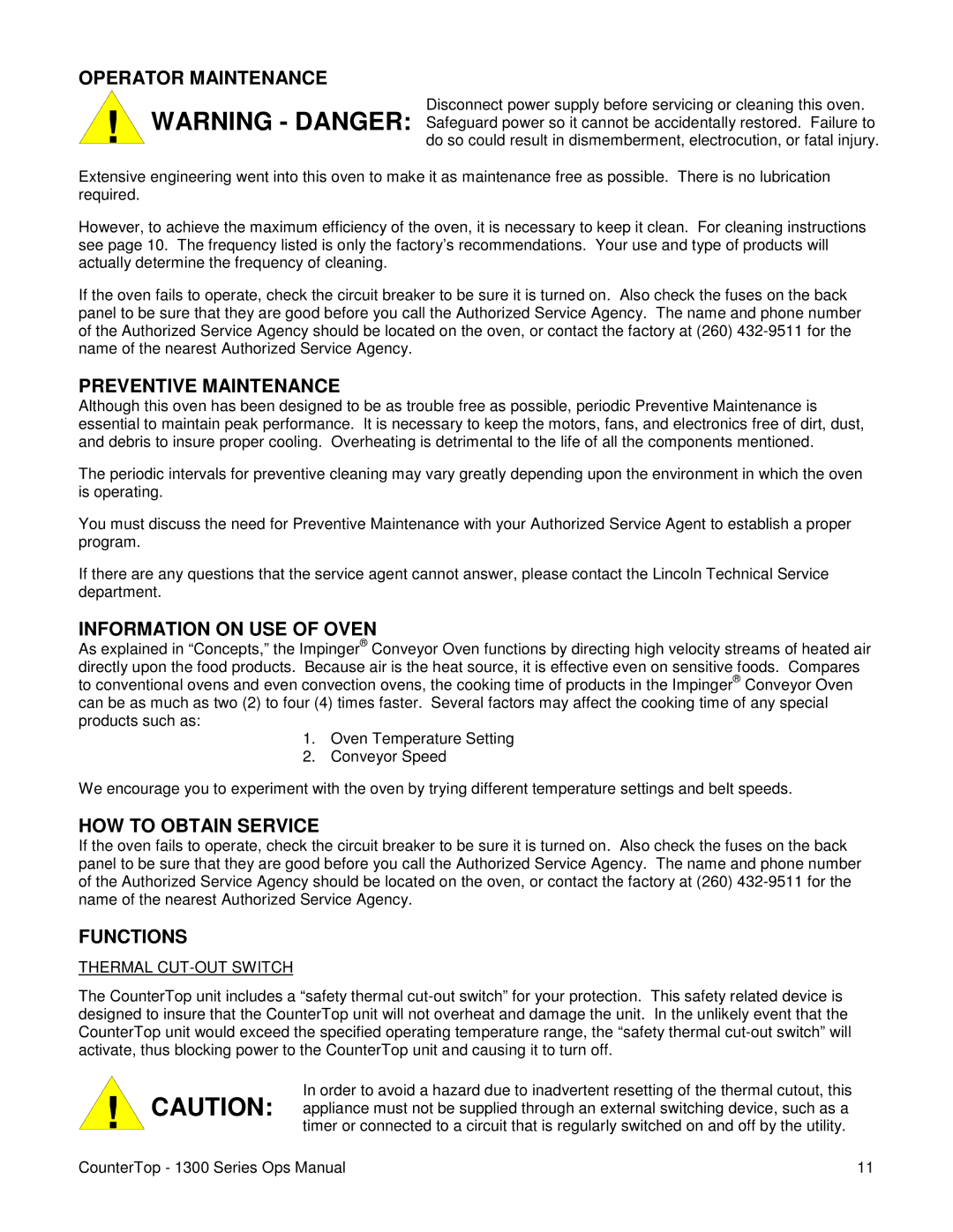 Lincoln 1300 Series Operator Maintenance, Preventive Maintenance, Information on USE of Oven, HOW to Obtain Service 