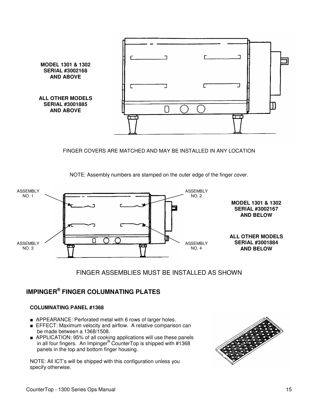 Lincoln 1300 Series Impinger Finger Columnating Plates, Above ALL Other Models, Below, Columnating Panel #1368 