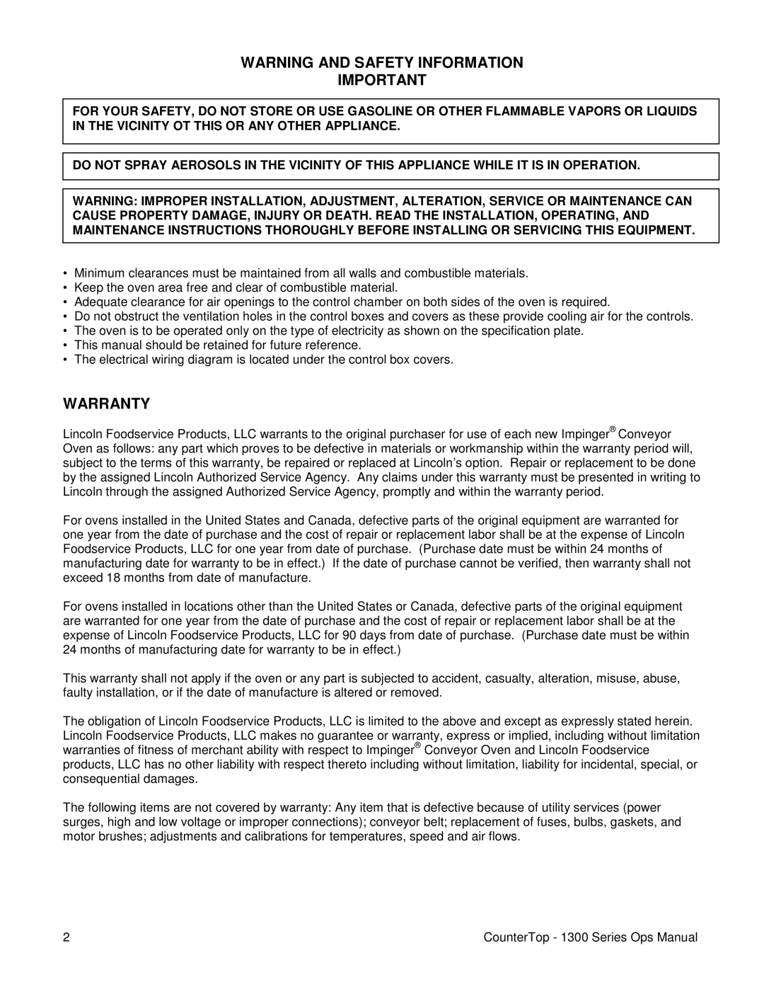 Lincoln 1300 Series operating instructions Warranty 