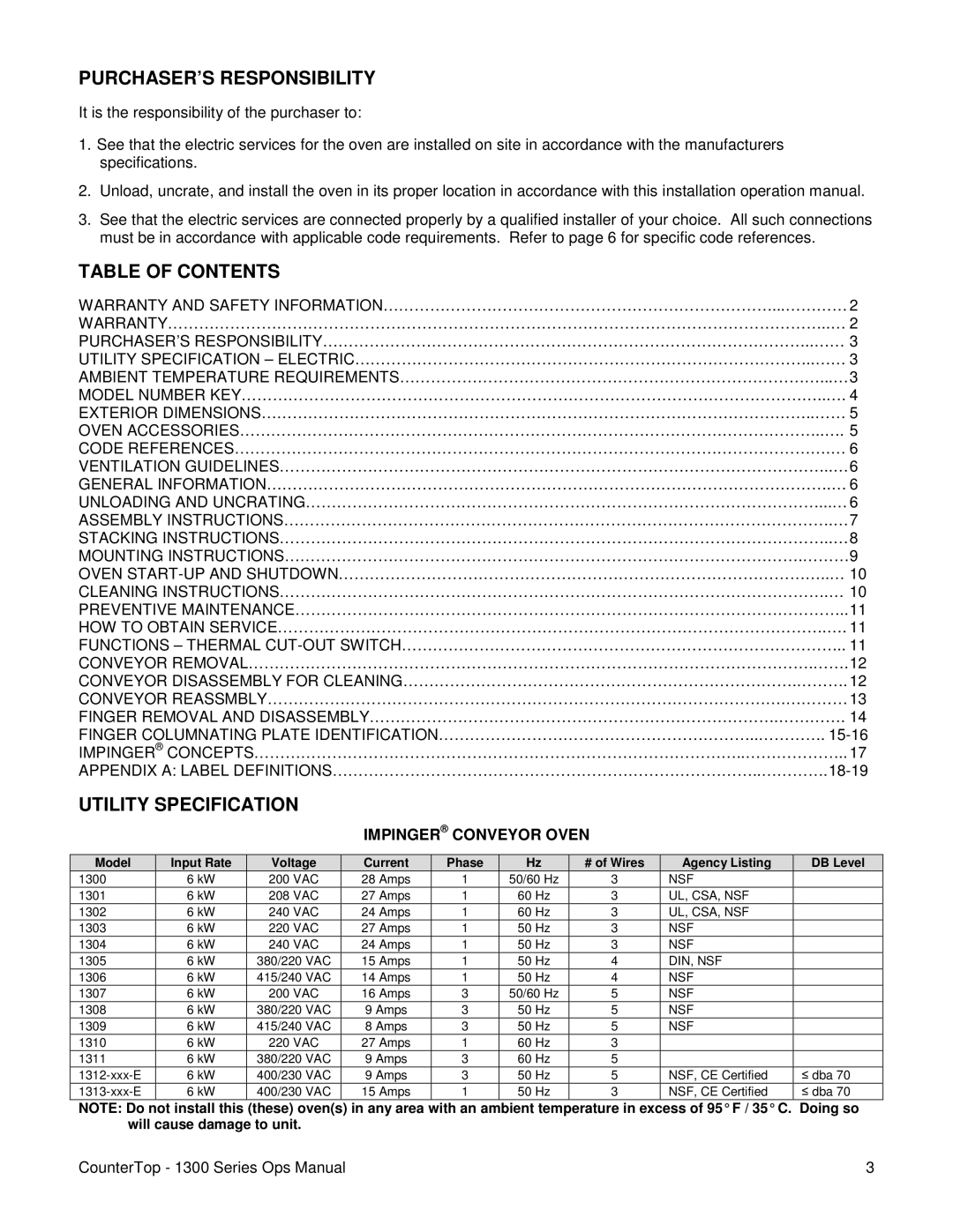 Lincoln 1300 Series operating instructions PURCHASER’S Responsibility, Table of Contents, Utility Specification 