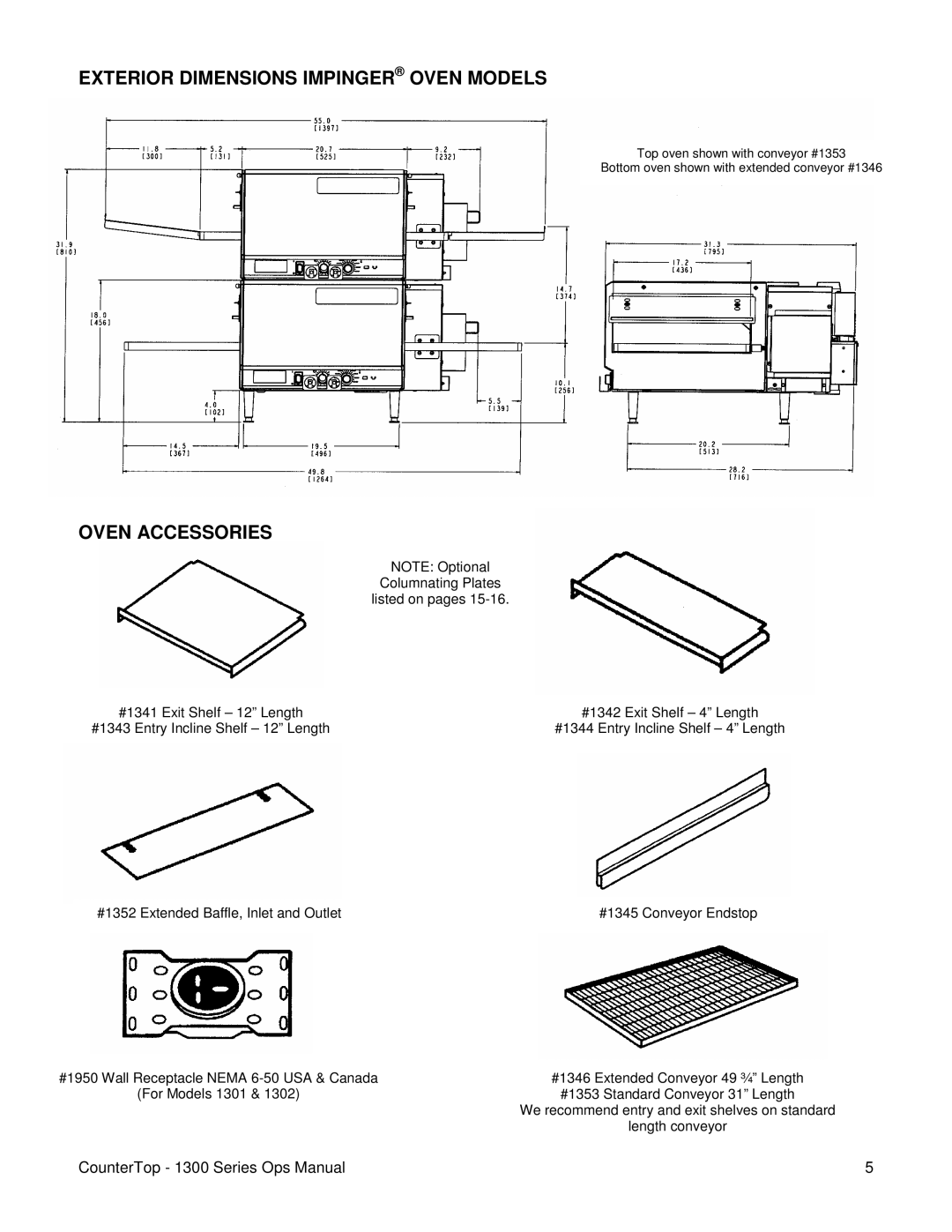 Lincoln 1300 Series operating instructions Exterior Dimensions Impinger Oven Models, Oven Accessories 