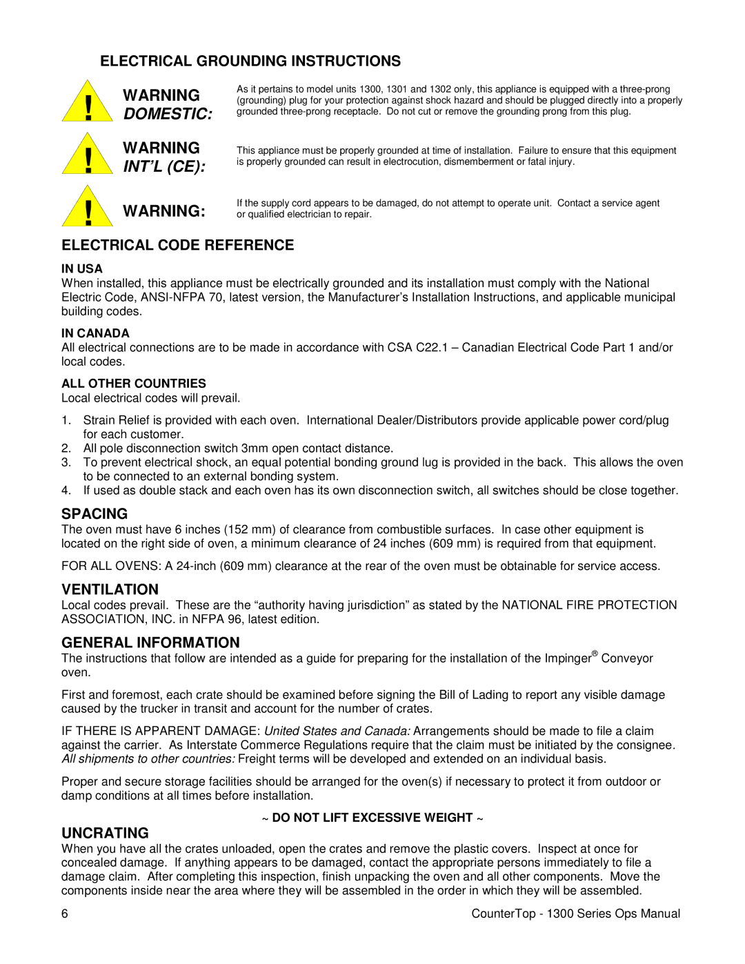 Lincoln 1300 Series Electrical Grounding Instructions, Electrical Code Reference, Spacing, Ventilation, Uncrating 