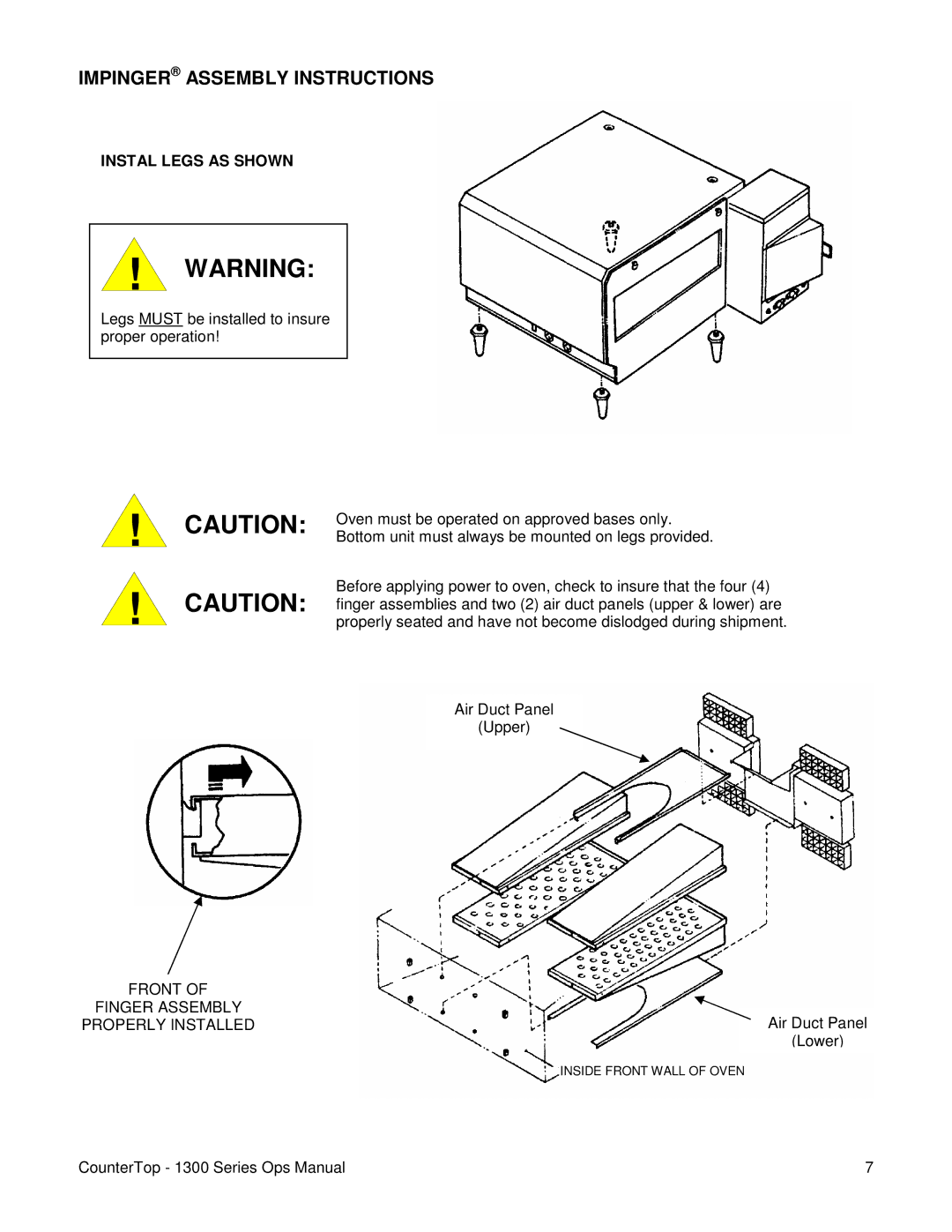 Lincoln 1300 Series Impinger Assembly Instructions, Instal Legs AS Shown, Front Finger Assembly, Properly Installed 