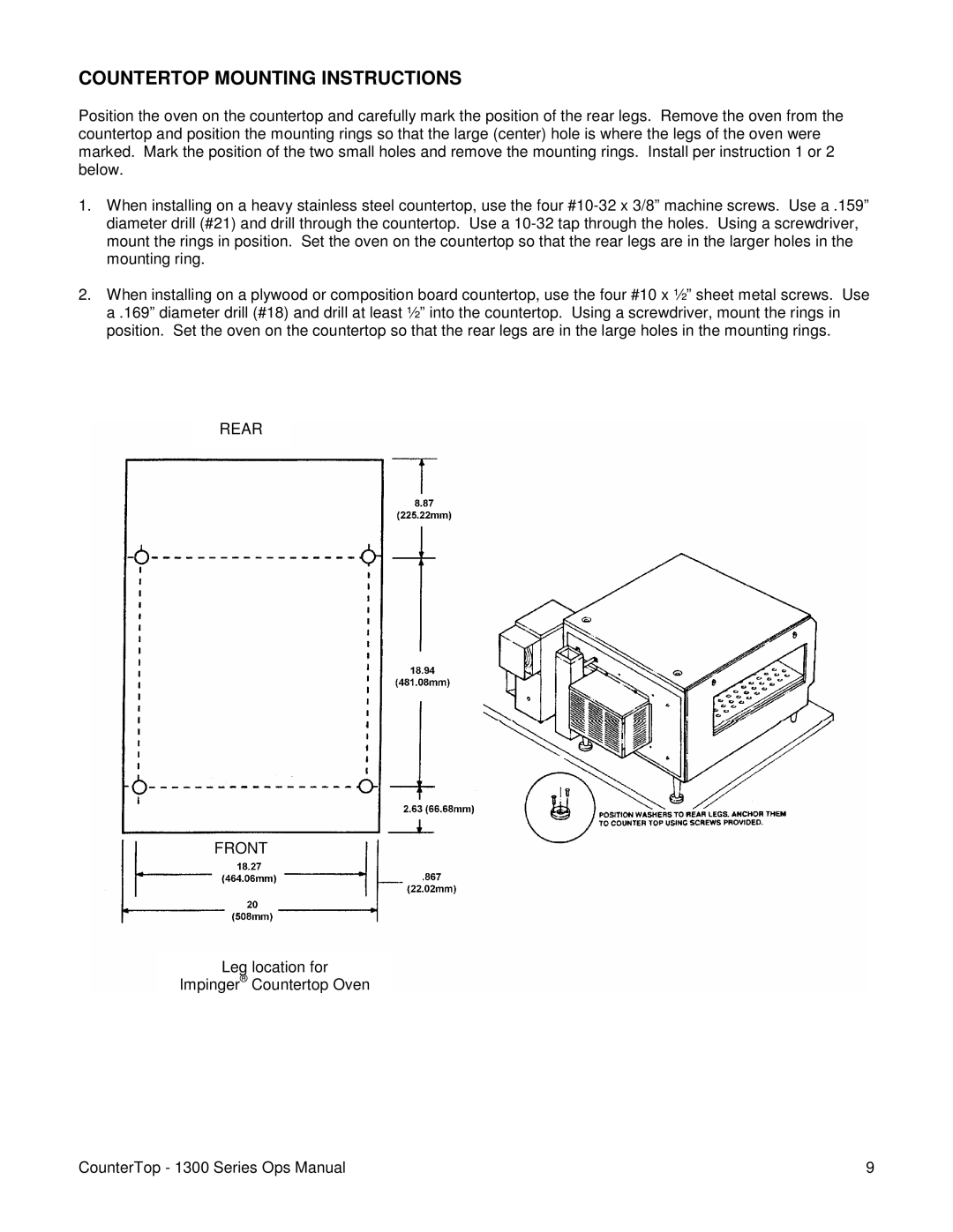 Lincoln 1300 Series operating instructions Countertop Mounting Instructions, Rear Front 