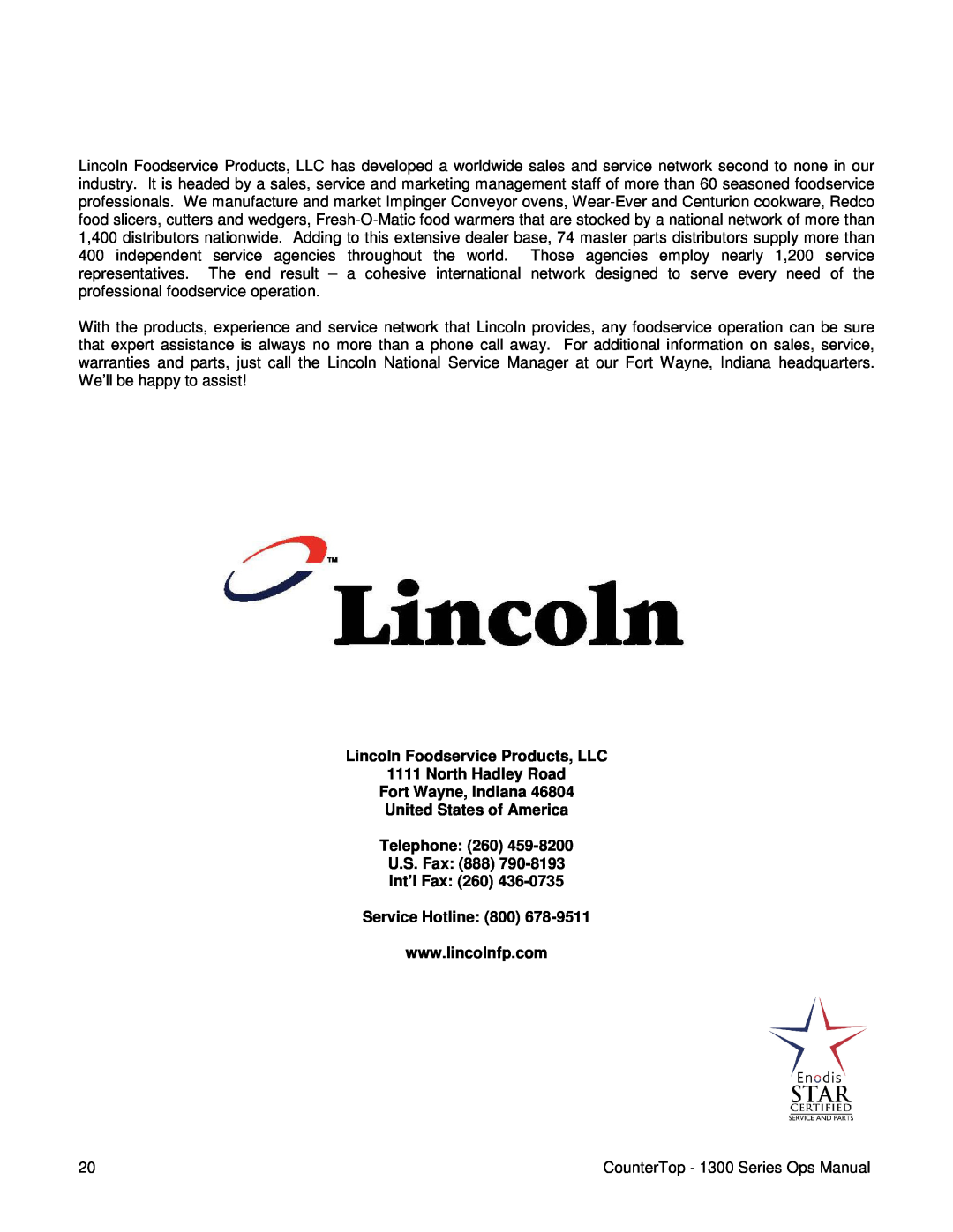 Lincoln 1300 Series operating instructions Lincoln Foodservice Products, LLC, North Hadley Road Fort Wayne, Indiana 