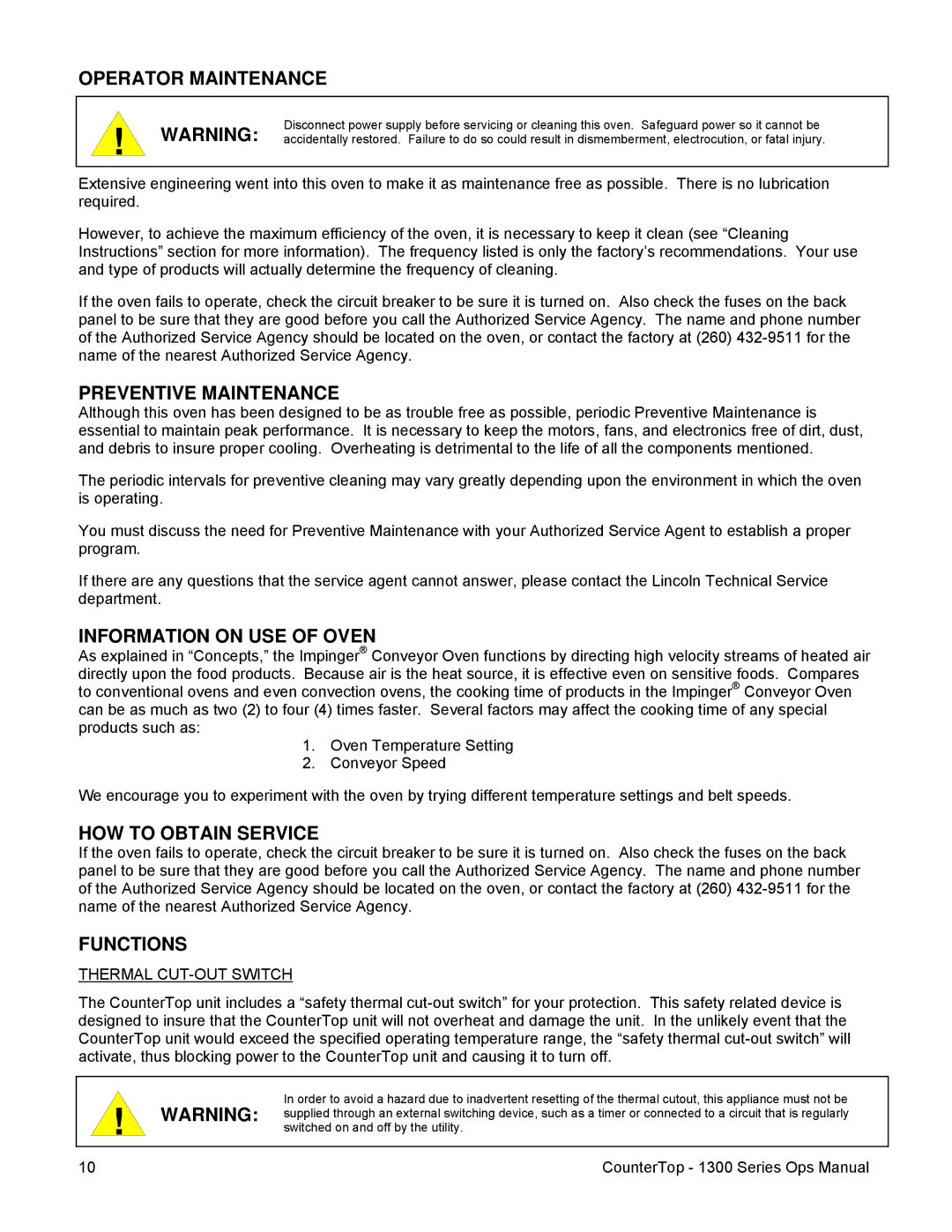 Lincoln 1300 Operator Maintenance, Preventive Maintenance, Information on USE of Oven, HOW to Obtain Service, Functions 