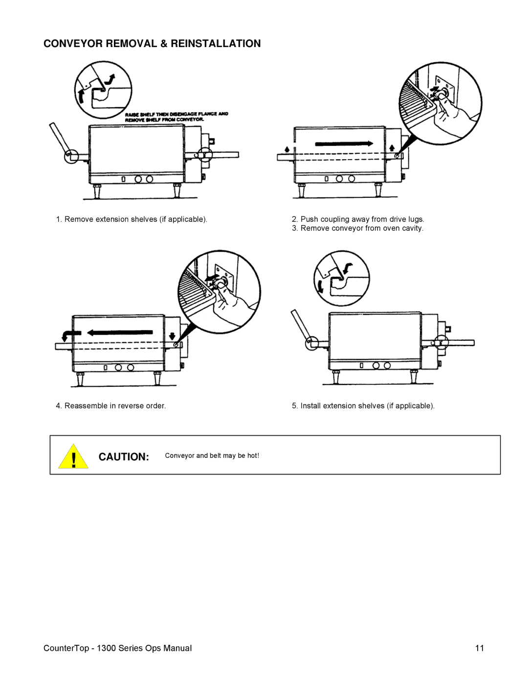 Lincoln 1300 operating instructions Conveyor Removal & Reinstallation 