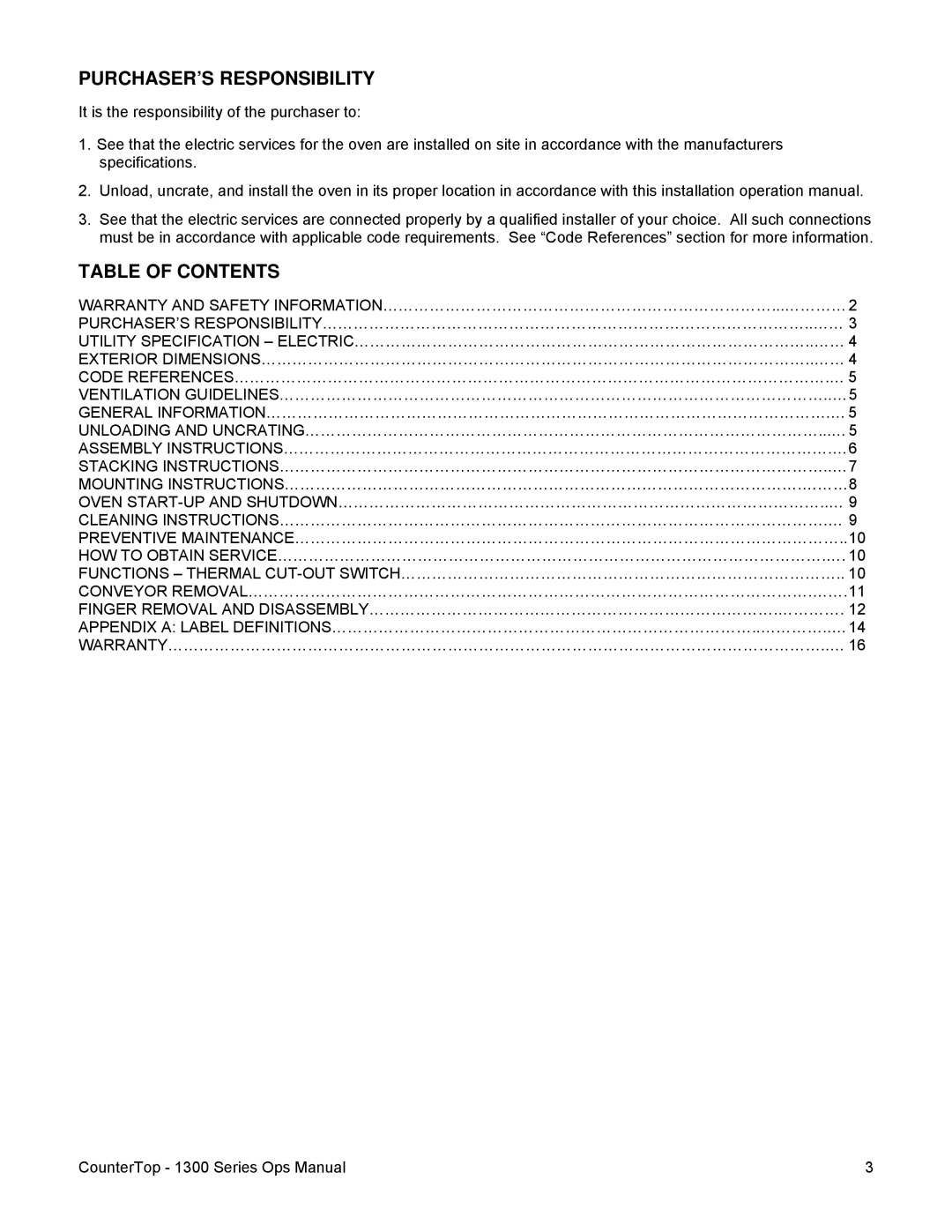 Lincoln 1300 operating instructions PURCHASER’S Responsibility, Table of Contents 