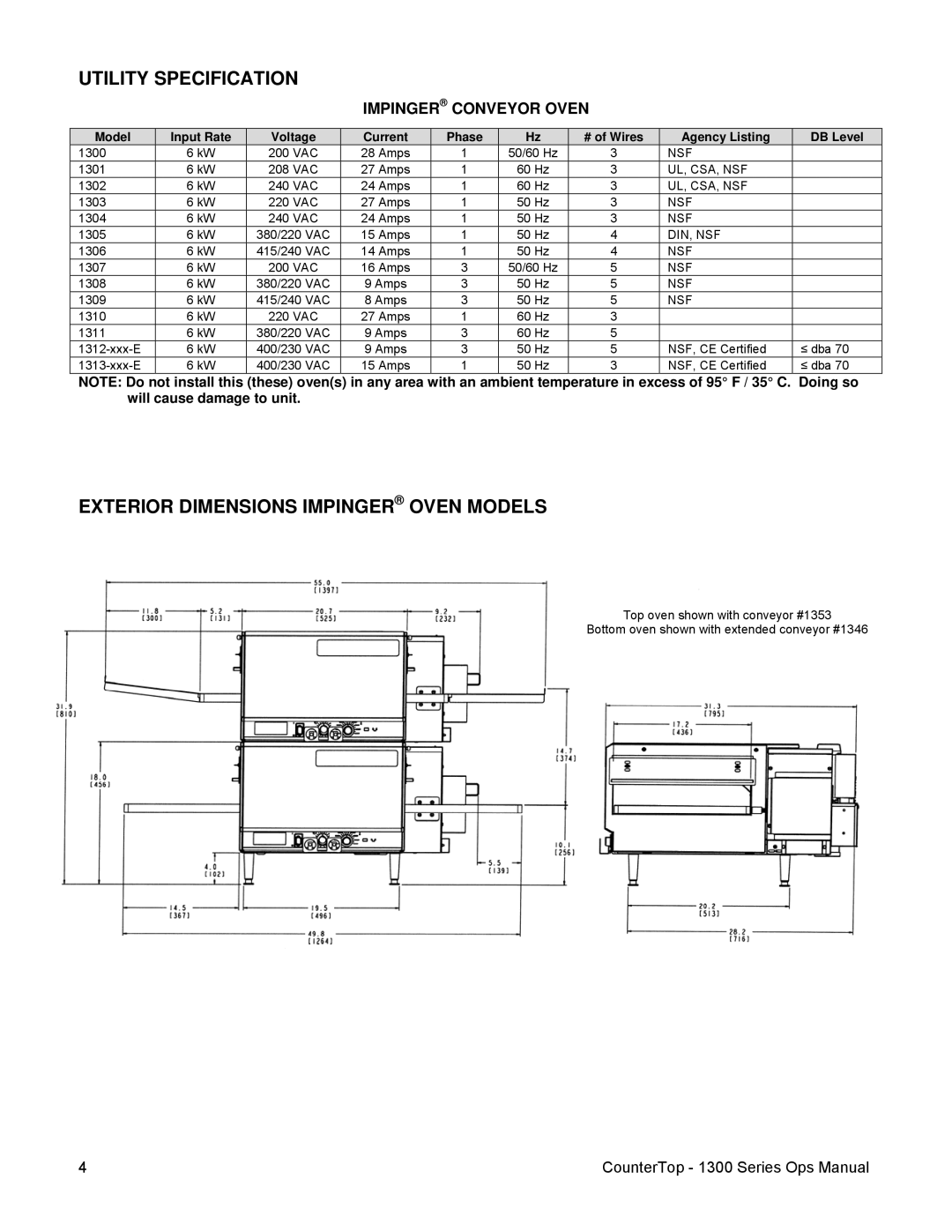 Lincoln 1300 operating instructions Utility Specification, Exterior Dimensions Impinger Oven Models, Impinger Conveyor Oven 