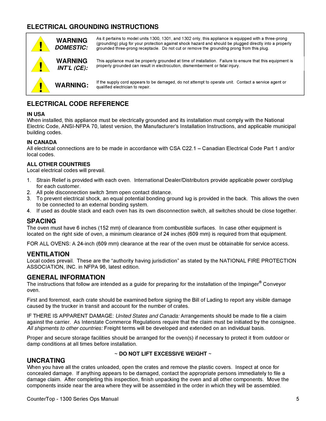 Lincoln 1300 Electrical Grounding Instructions, Electrical Code Reference, Spacing, Ventilation, General Information 