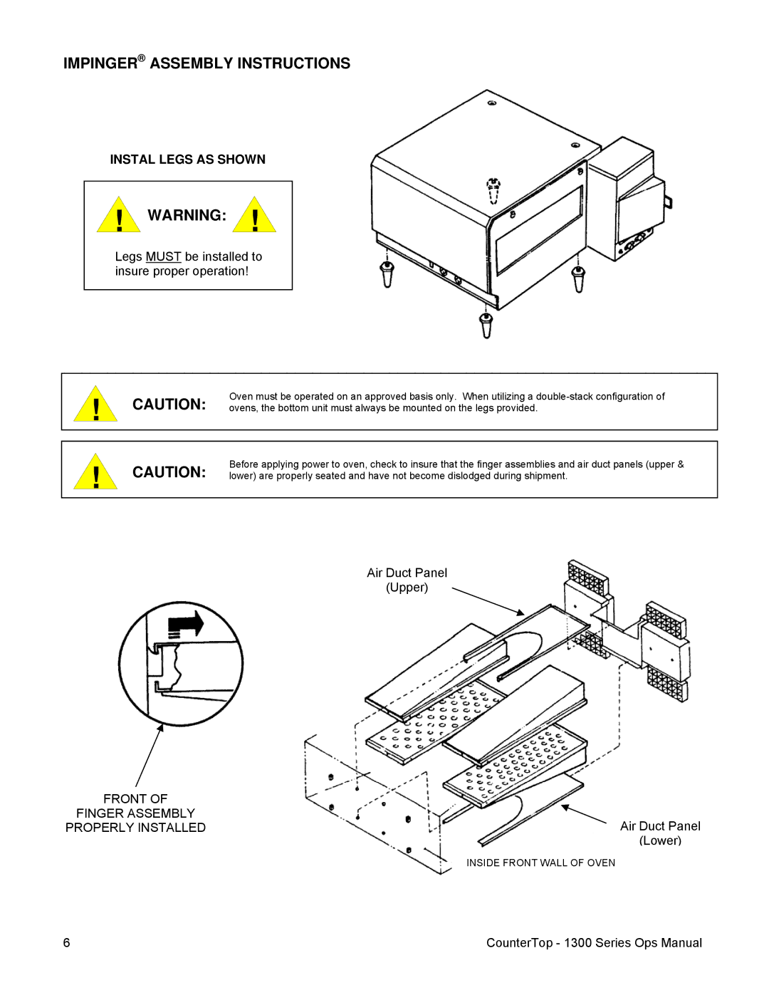 Lincoln 1300 operating instructions Impinger Assembly Instructions, Instal Legs AS Shown, Front Finger Assembly 