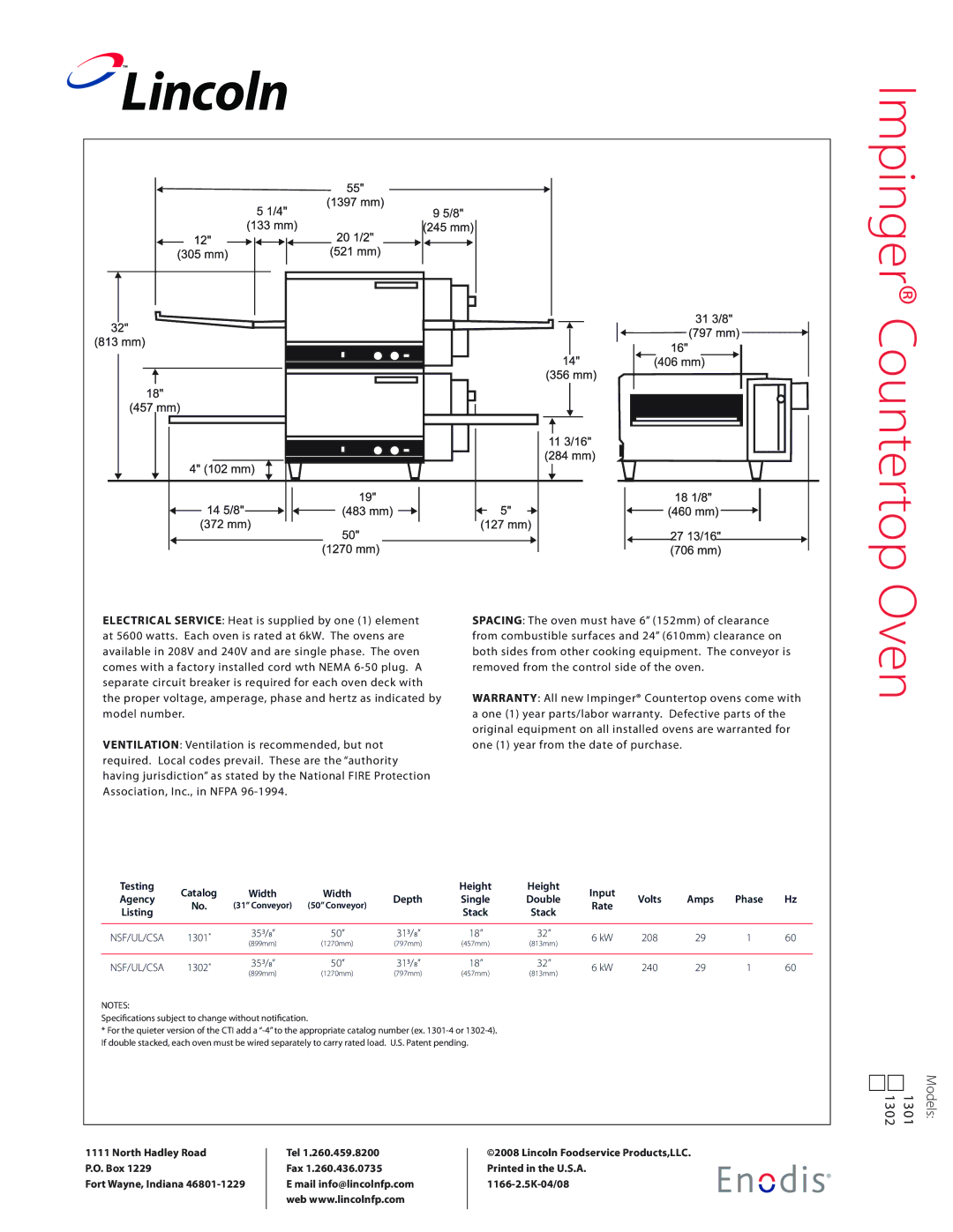 Lincoln 1301, 1302 manual Oven, Impinger Countertop, Width, 353/8 