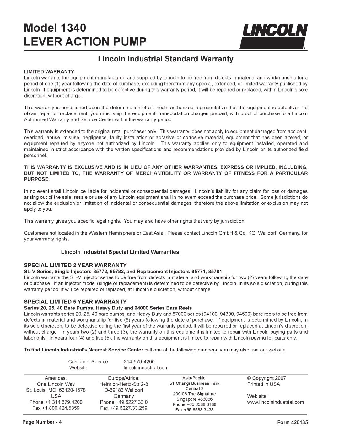 Lincoln 1340 manual Lincoln Industrial Standard Warranty, Limited Warranty 