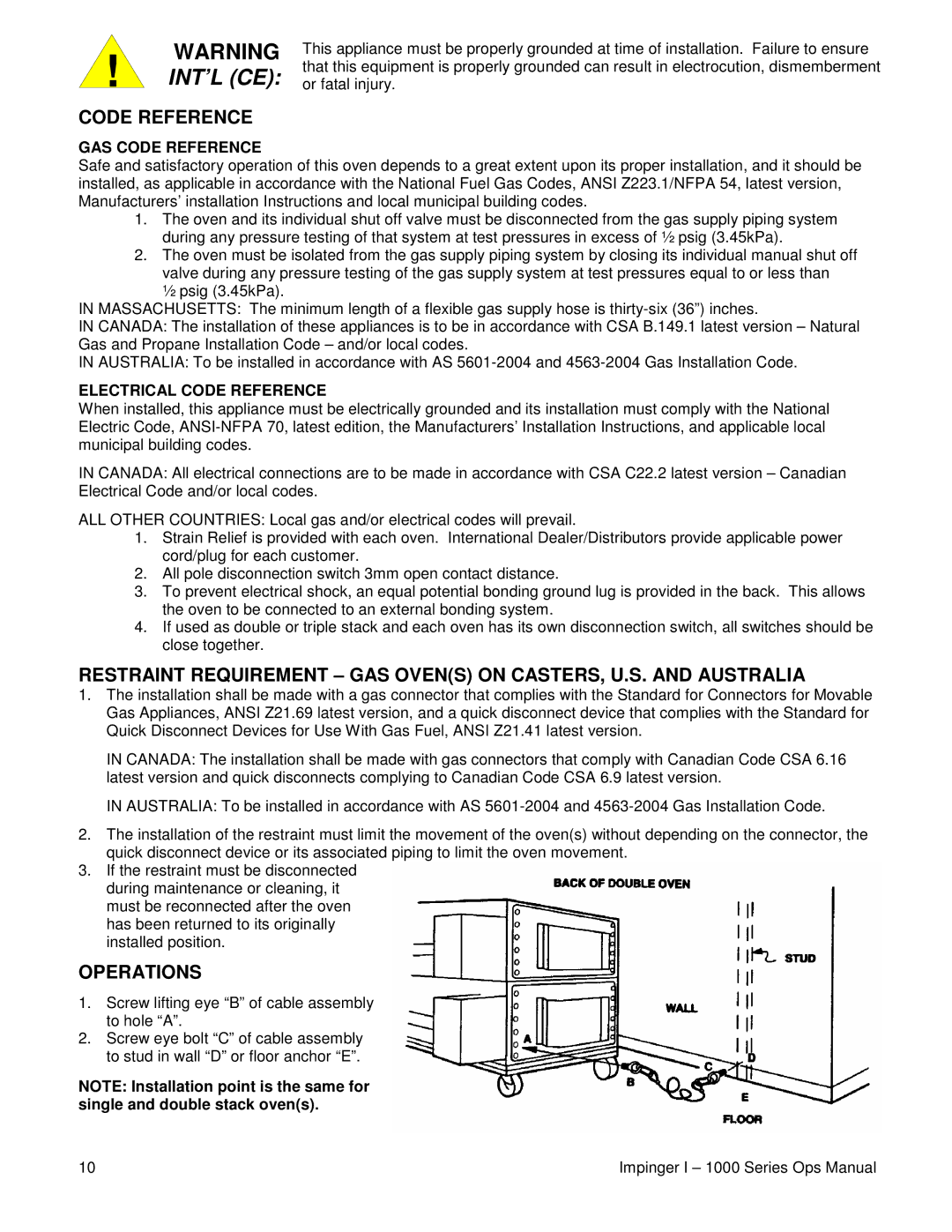 Lincoln 1200, 1400, 1000 operating instructions Operations, GAS Code Reference, Electrical Code Reference 