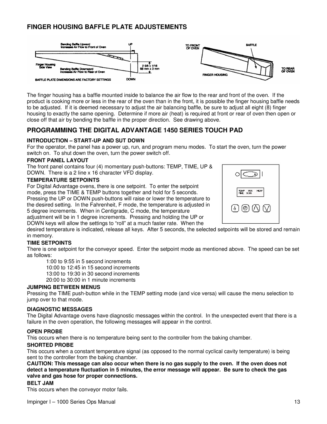 Lincoln 1200, 1400, 1000 Finger Housing Baffle Plate Adjustements, Programming the Digital Advantage 1450 Series Touch PAD 