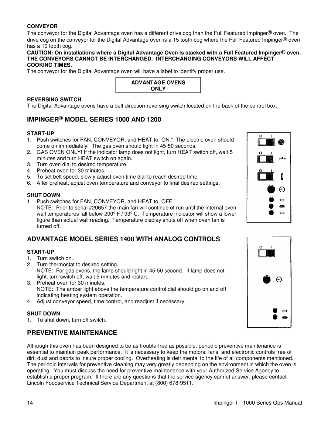 Lincoln 1200 Impinger Model Series 1000, Advantage Model Series 1400 with Analog Controls, Preventive Maintenance 