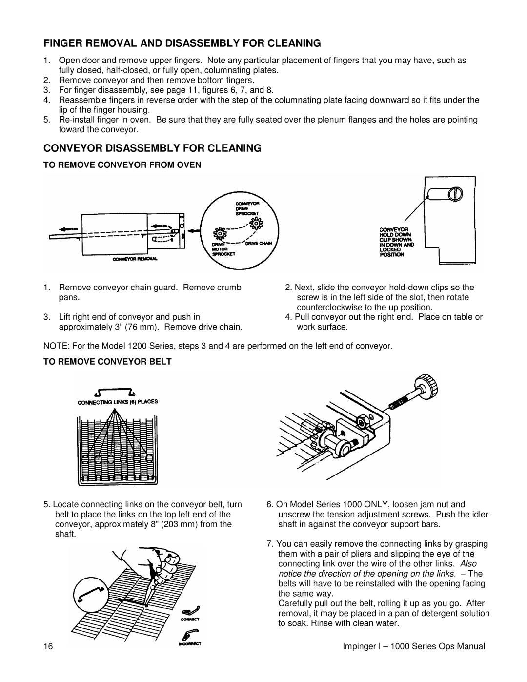 Lincoln 1200 Finger Removal and Disassembly for Cleaning, Conveyor Disassembly for Cleaning, To Remove Conveyor from Oven 