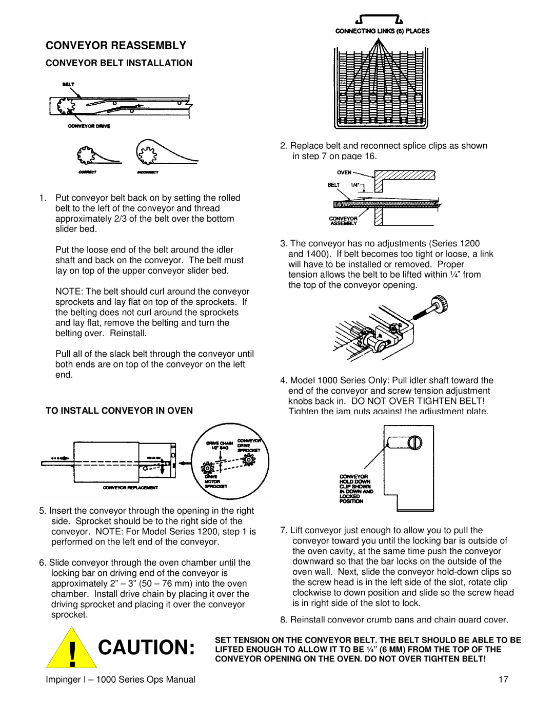 Lincoln 1000, 1400, 1200 operating instructions Conveyor Reassembly, Conveyor Belt Installation, To Install Conveyor in Oven 