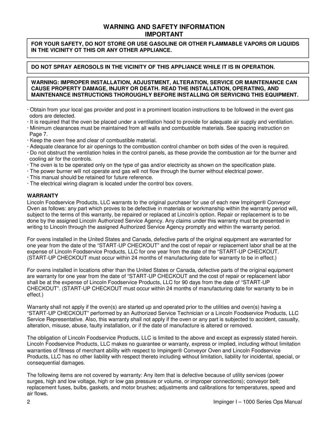 Lincoln 1000, 1400, 1200 operating instructions Warranty 