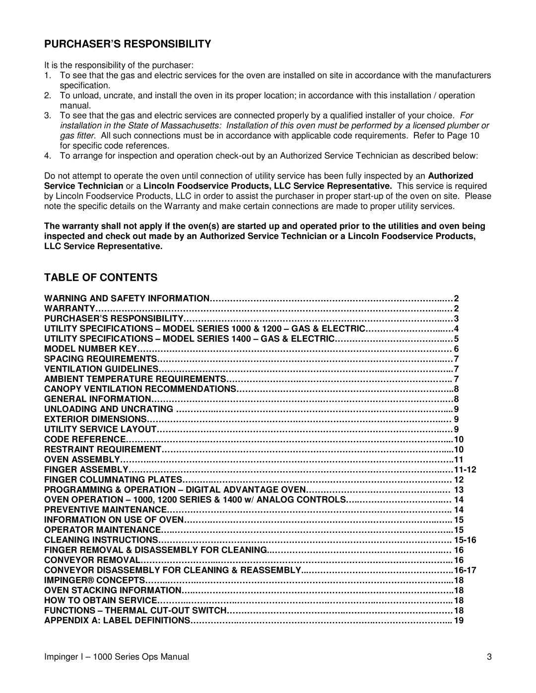 Lincoln 1400, 1200, 1000 operating instructions PURCHASER’S Responsibility, Table of Contents 