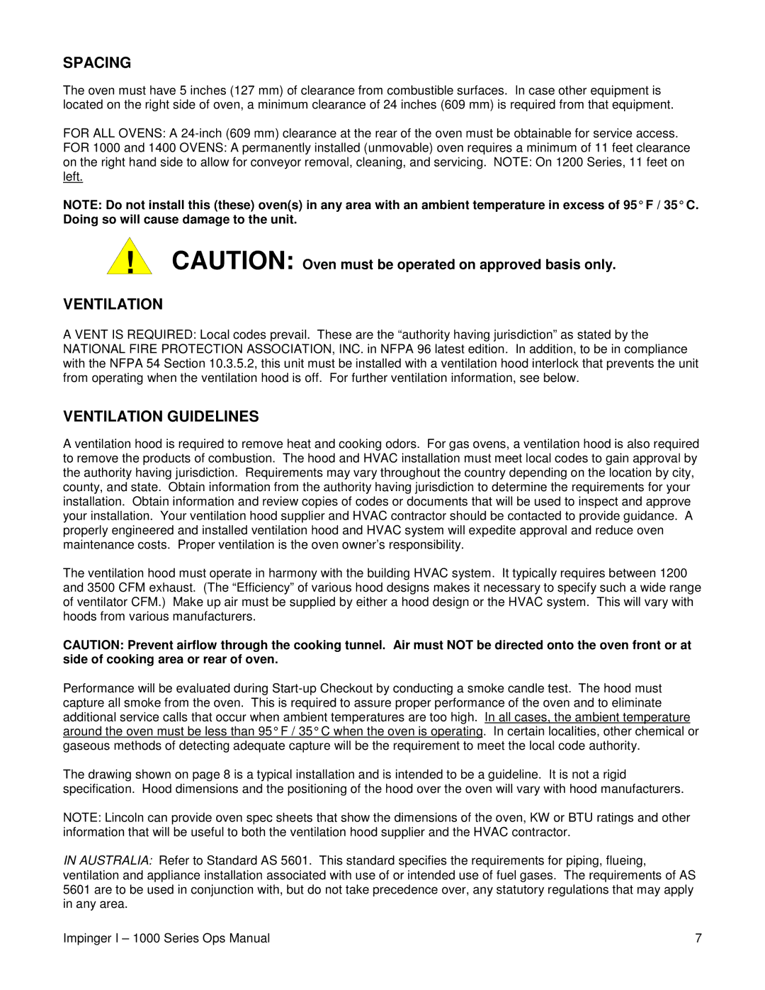 Lincoln 1200, 1400, 1000 operating instructions Spacing, Ventilation Guidelines 