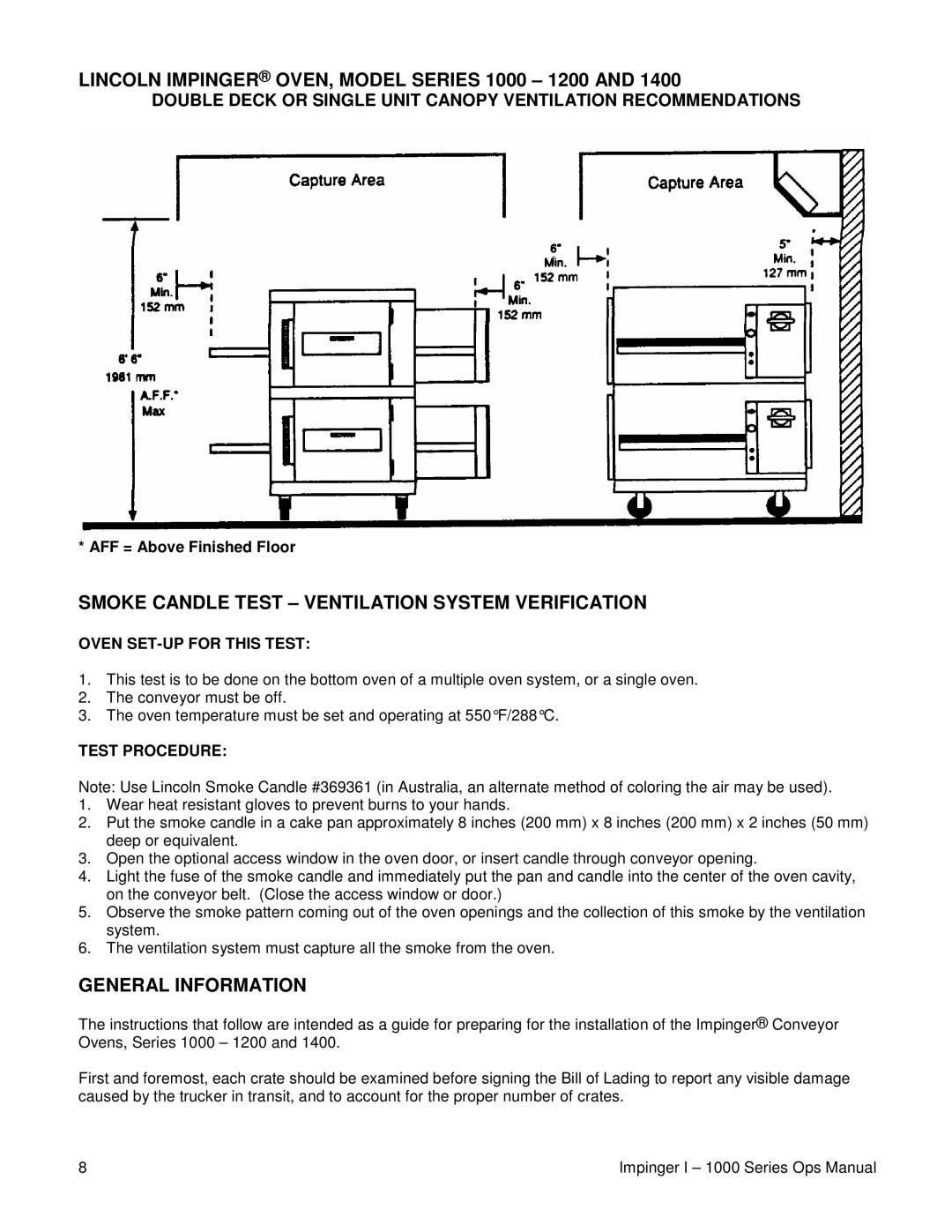 Lincoln 1400 Lincoln Impinger OVEN, Model Series 1000 1200, Smoke Candle Test Ventilation System Verification 