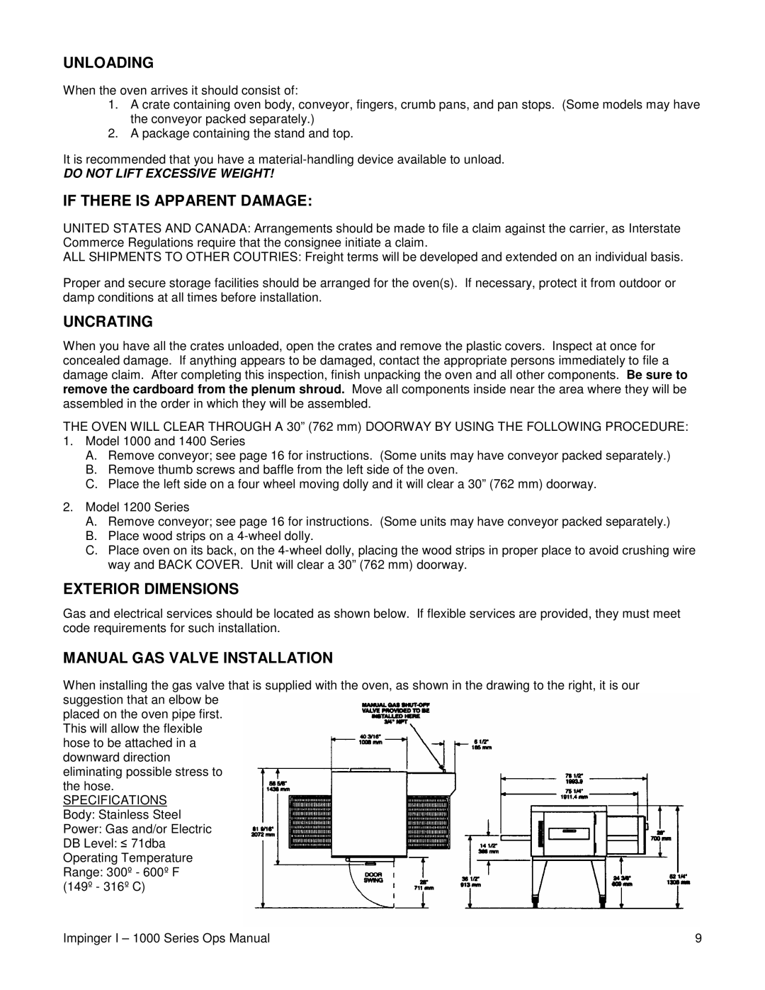 Lincoln 1400, 1200 Unloading, If There is Apparent Damage, Uncrating, Exterior Dimensions, Manual GAS Valve Installation 