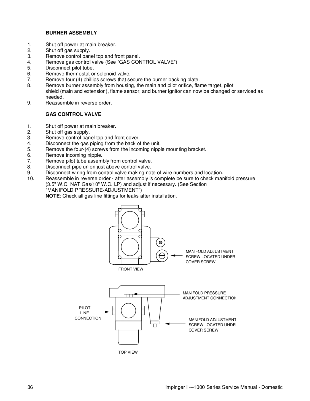 Lincoln 1400, 1200, 1000 service manual Burner Assembly, GAS Control Valve, Manifold PRESSURE-ADJUSTMENT 